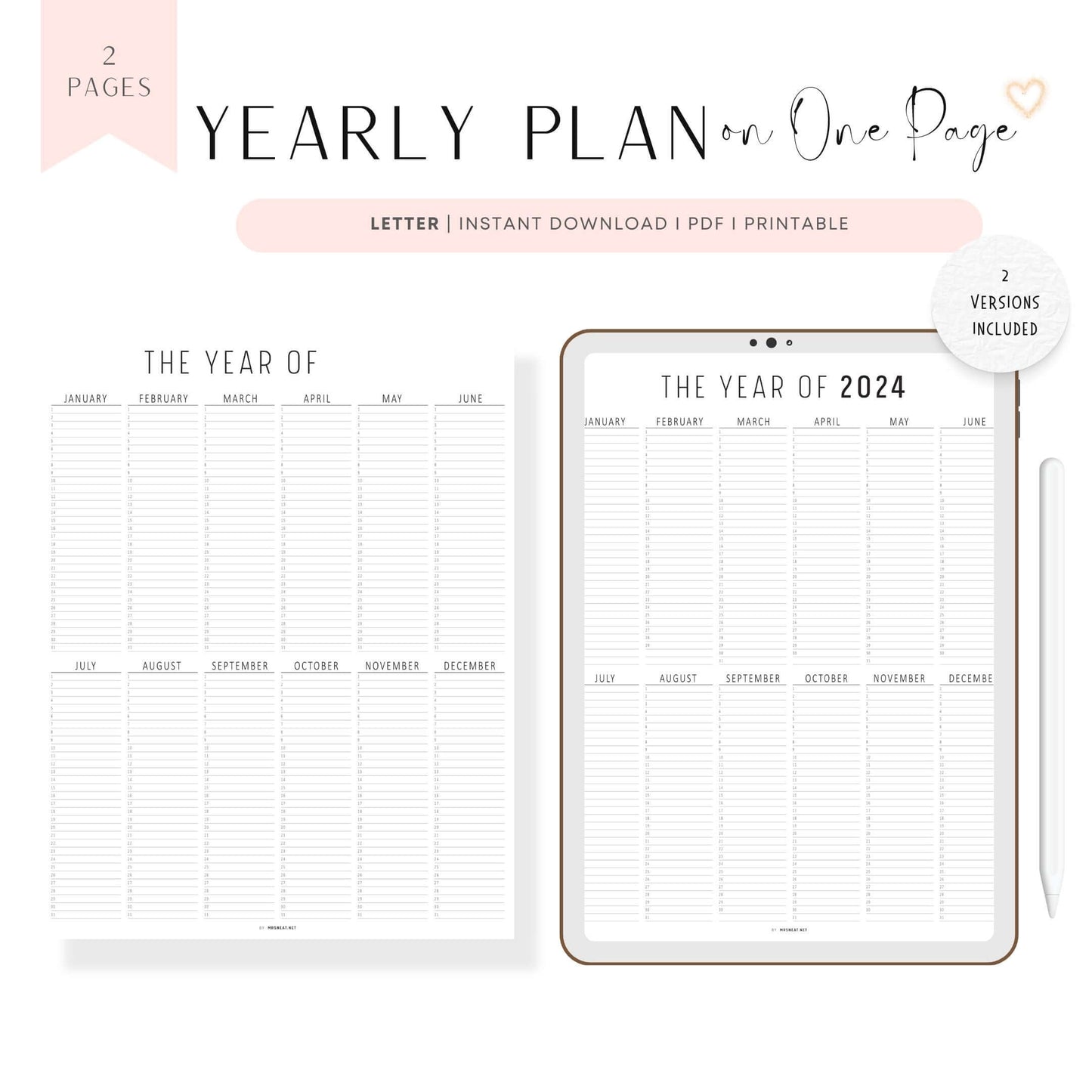 2024 Year at a Glance Template Printable, 365 days on One Page, Year at a Glance Planner Printable, Letter Size, 2 Versions, Blank version, 2024 Version