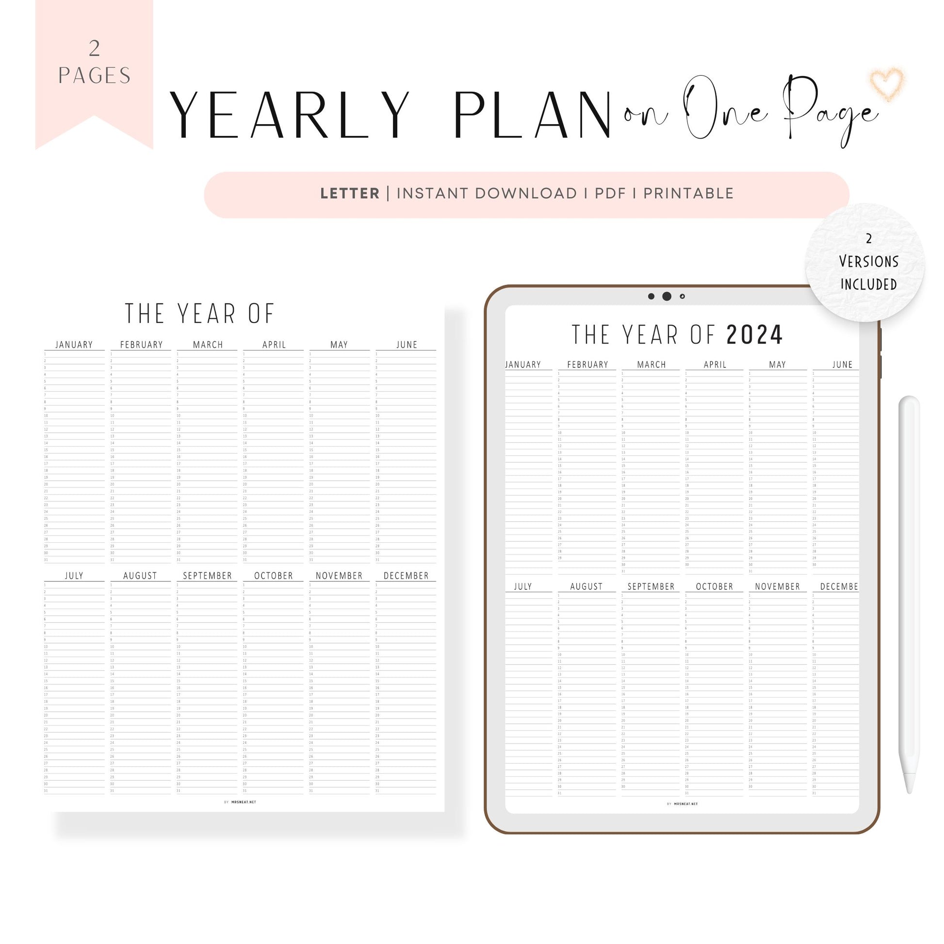 2024 Year at a Glance Template Printable, 365 days on One Page, Year at a Glance Planner Printable, Letter Size, 2 Versions, Blank version, 2024 Version