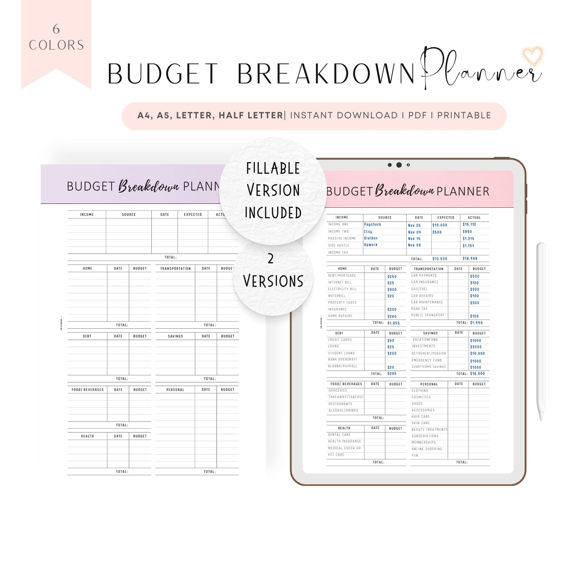 Budget Breakdown Planner Template, Fillable Budget Planner, Paycheck Budget Printable, 2 versions, 6 Colors, A4, A5, Letter, Half Letter