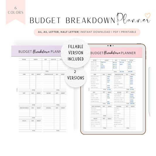 Budget Breakdown Planner Template, Fillable Budget Planner, Paycheck Budget Printable, 2 versions, 6 Colors, A4, A5, Letter, Half Letter