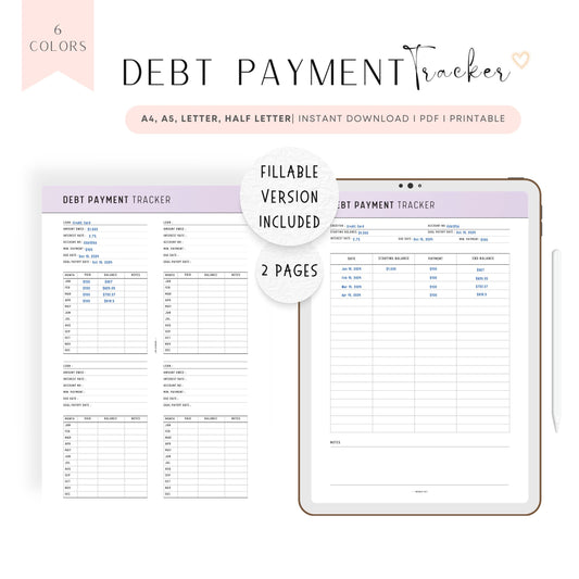 Debt payment tracker printable, 6 colors, A4, A5, Letter, Half Letter, Fillable PDF, Digital Planner, 2 Pages