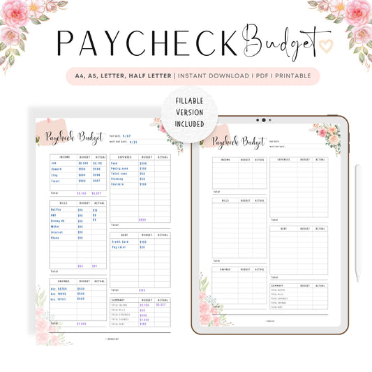 Floral Paycheck Budget Template Printable, Monthly Budget Planner, Fillable Bi-weekly budget, A4, A5, Letter, Half Letter, PDF