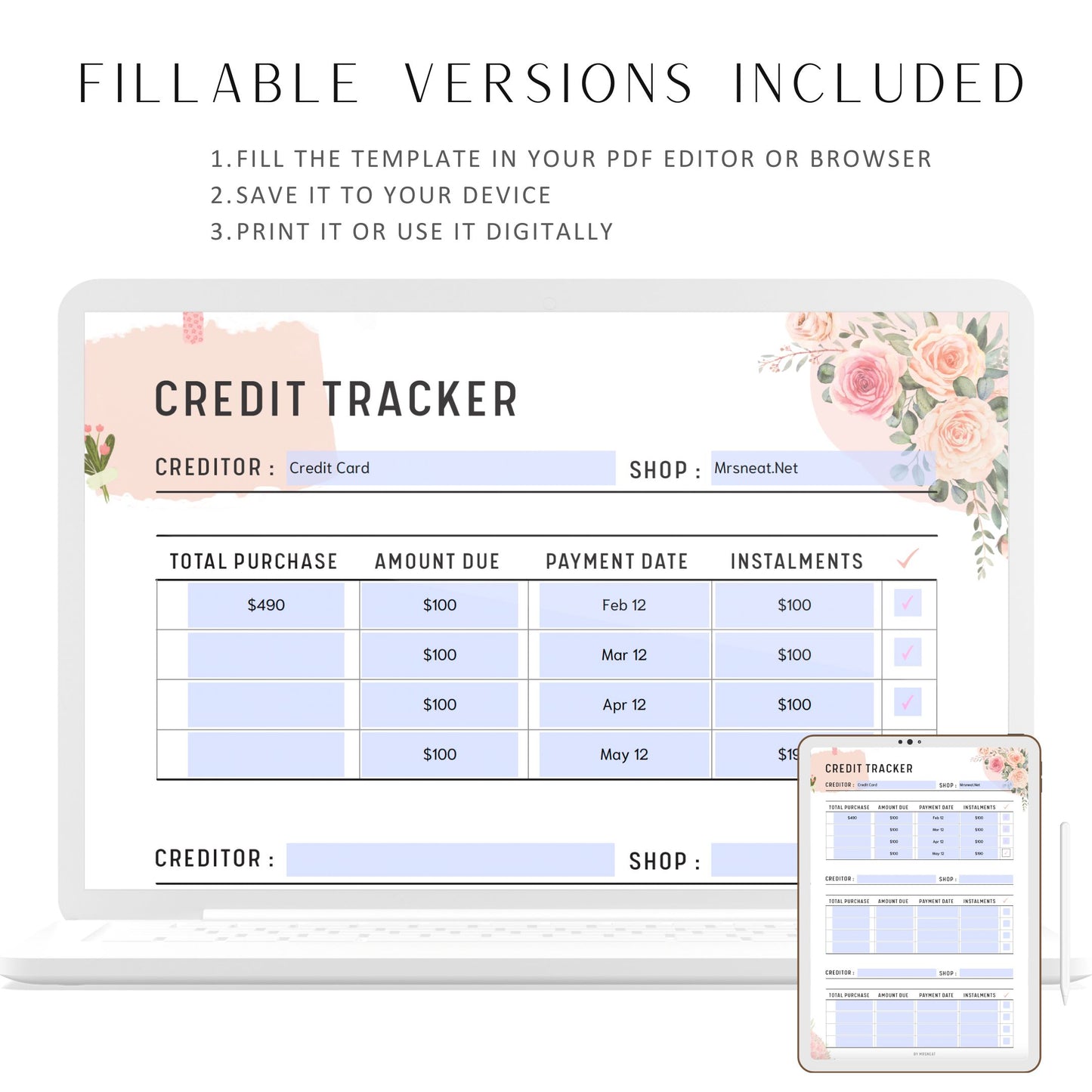 Floral Fillable Credit Tracker, Afterpay, Klarna, Paypal Tracker Printable Planner, Buy Now Pay Later Template, Budget Plan, PDF, A4, A5, Letter, Half Letter, Digital Planer, Fillable PDF