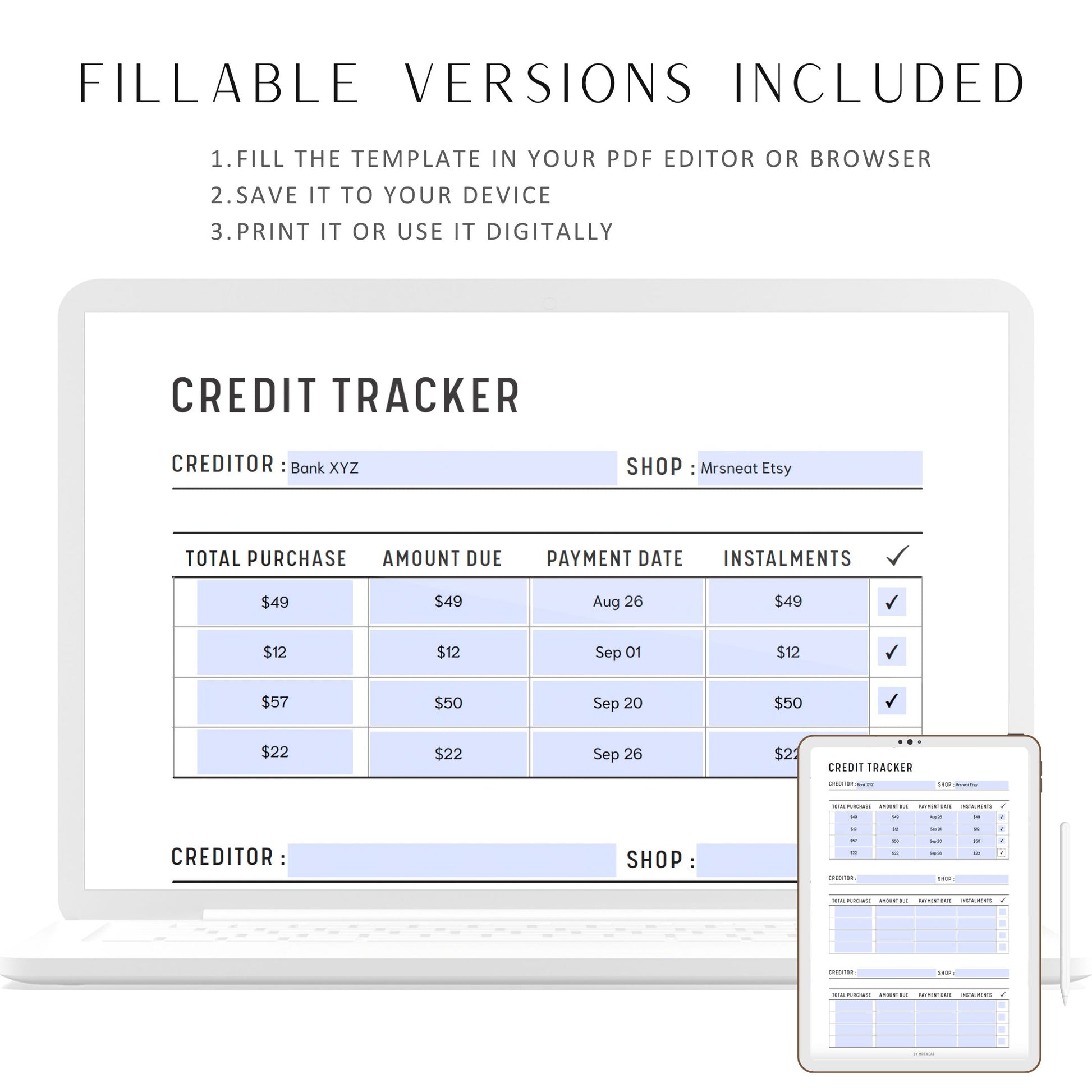 Fillable Credit Tracker Template, Afterpay, Klarna, Paypal Tracker Printable Planner, Credit Card Tracker, A4/A5/Letter/Half Letter, PDF