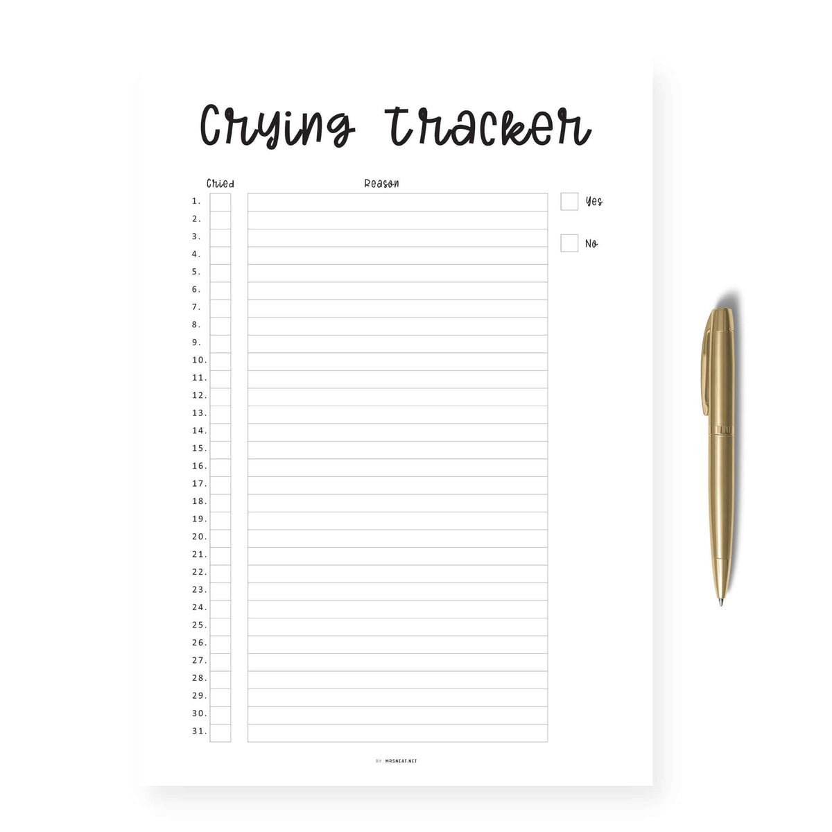 Monthly Crying Tracker Template - M415 – mrsneat