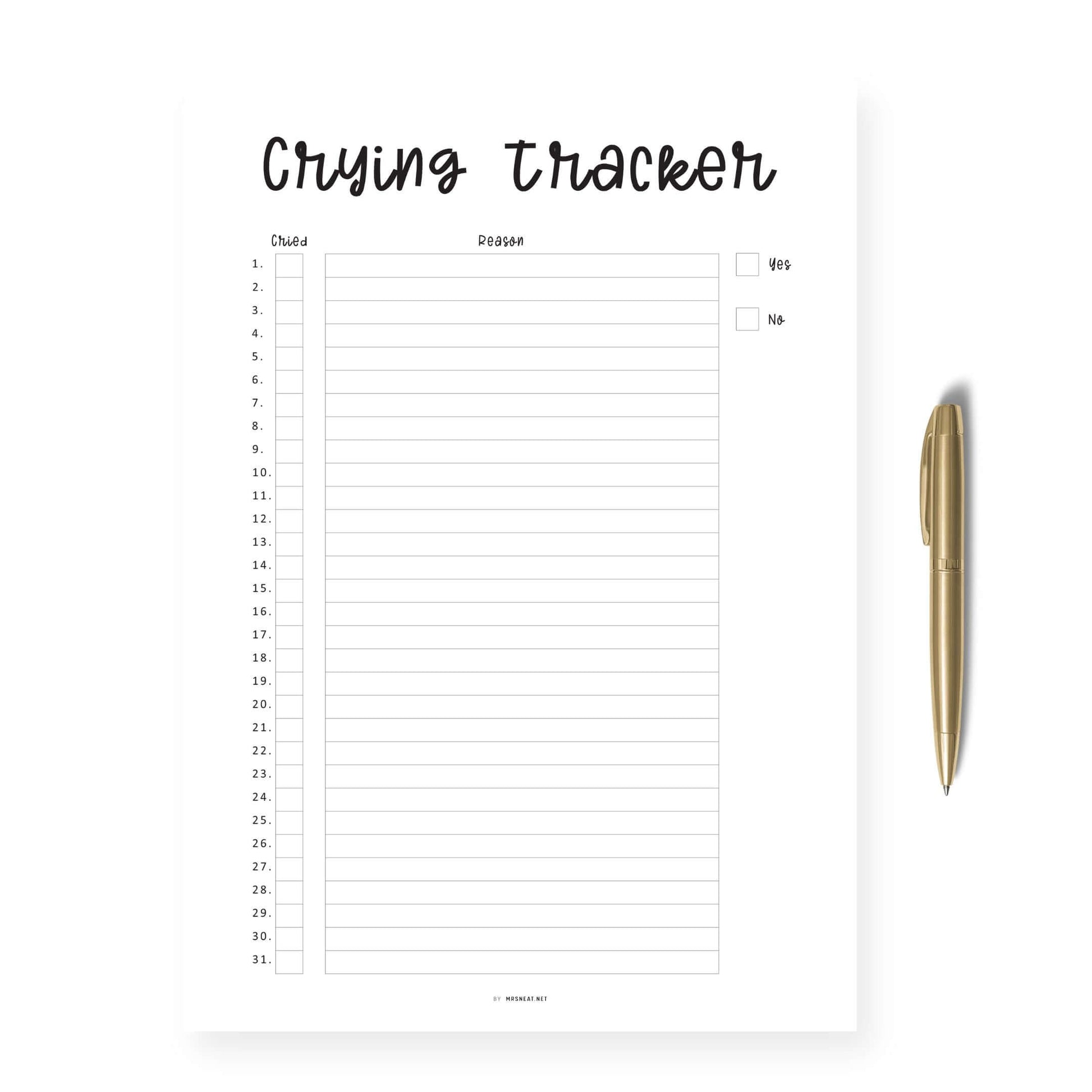 Monthly Crying Tracker Template, Crying Log Tracker, Mood Tracker, Feelings Tracker, Emotions Tracker, Sad Tracker, PDF, A4, A5, Letter, Half Letter