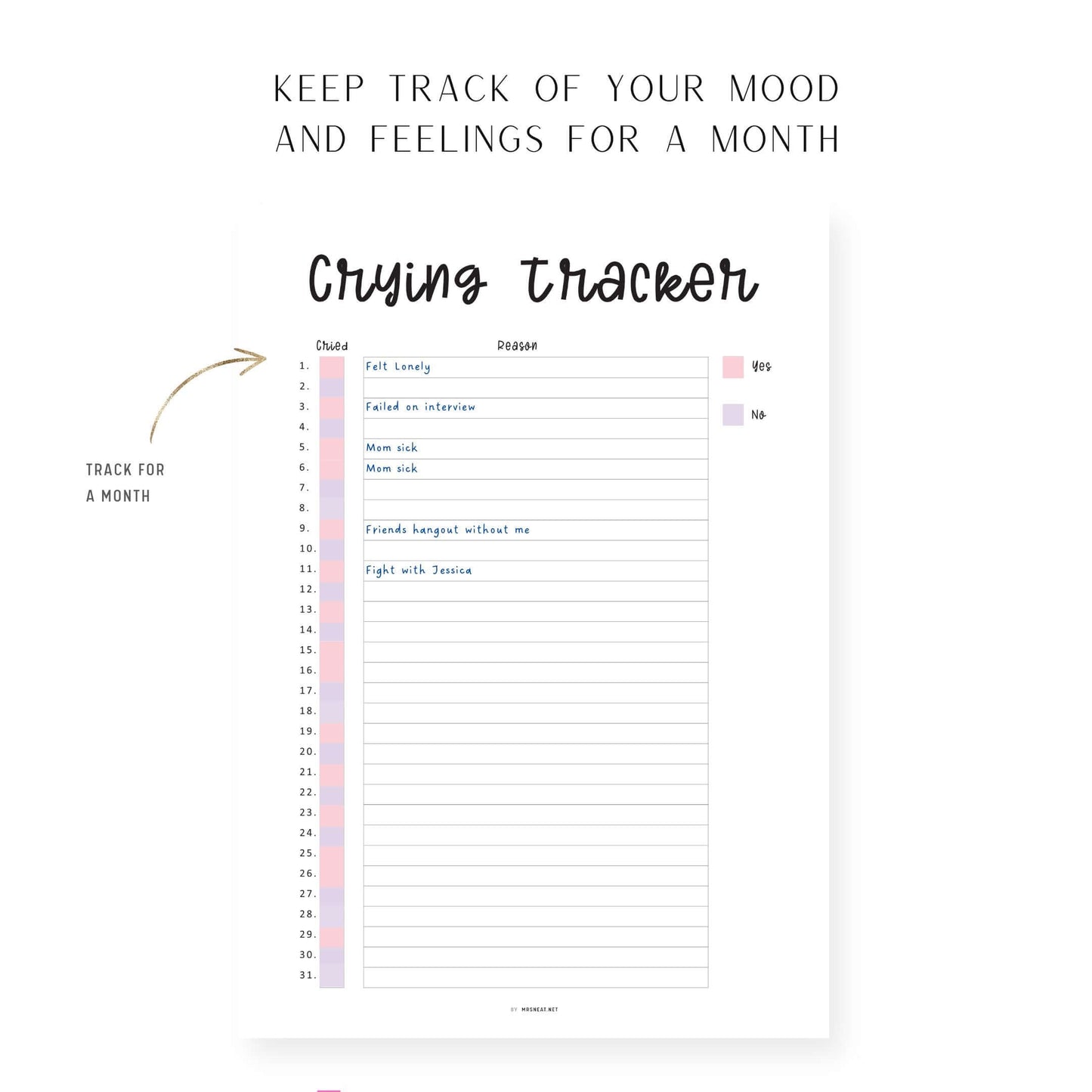 Monthly Crying Tracker Template, Crying Log Tracker, Mood Tracker, Feelings Tracker, Emotions Tracker, Sad Tracker, PDF, A4, A5, Letter, Half Letter