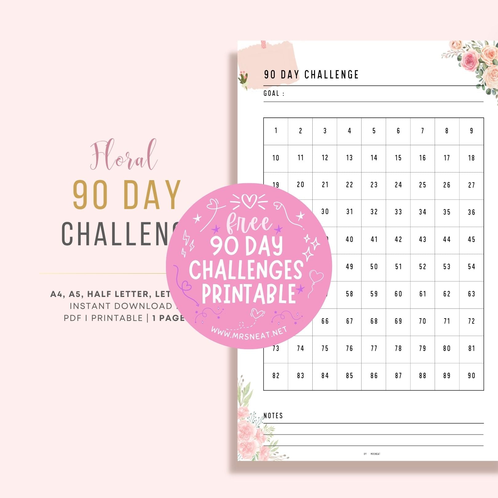 Free Cute Pink Blush 90 Day Challenge Template Printable