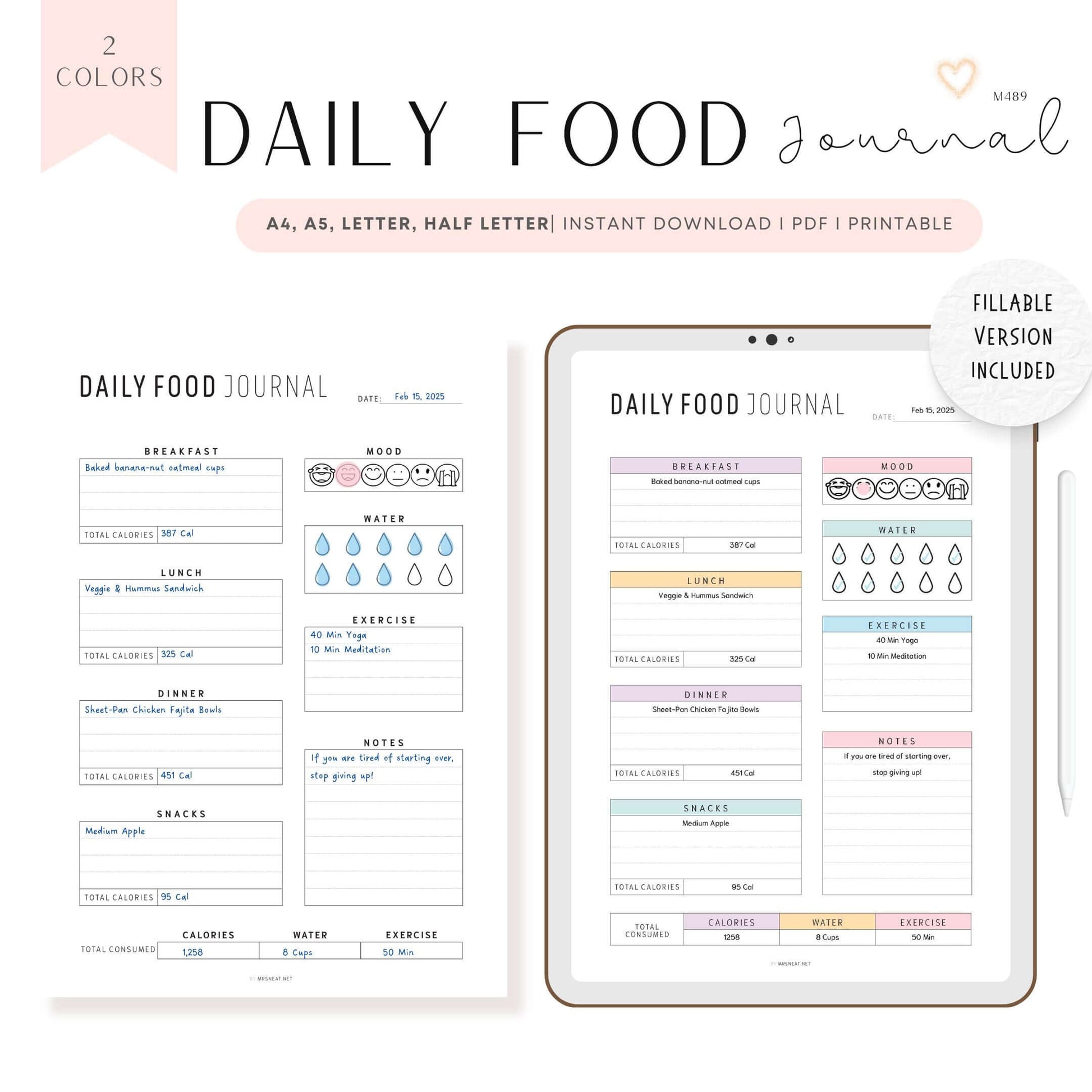 Daily Food Journal Printable, 2 Color Options, Digital Planner, Editable PDF, Fillable PDF