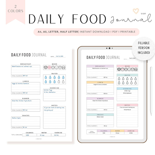 Daily Food Journal Printable, 2 Color Options, Digital Planner, Editable PDF, Fillable PDF