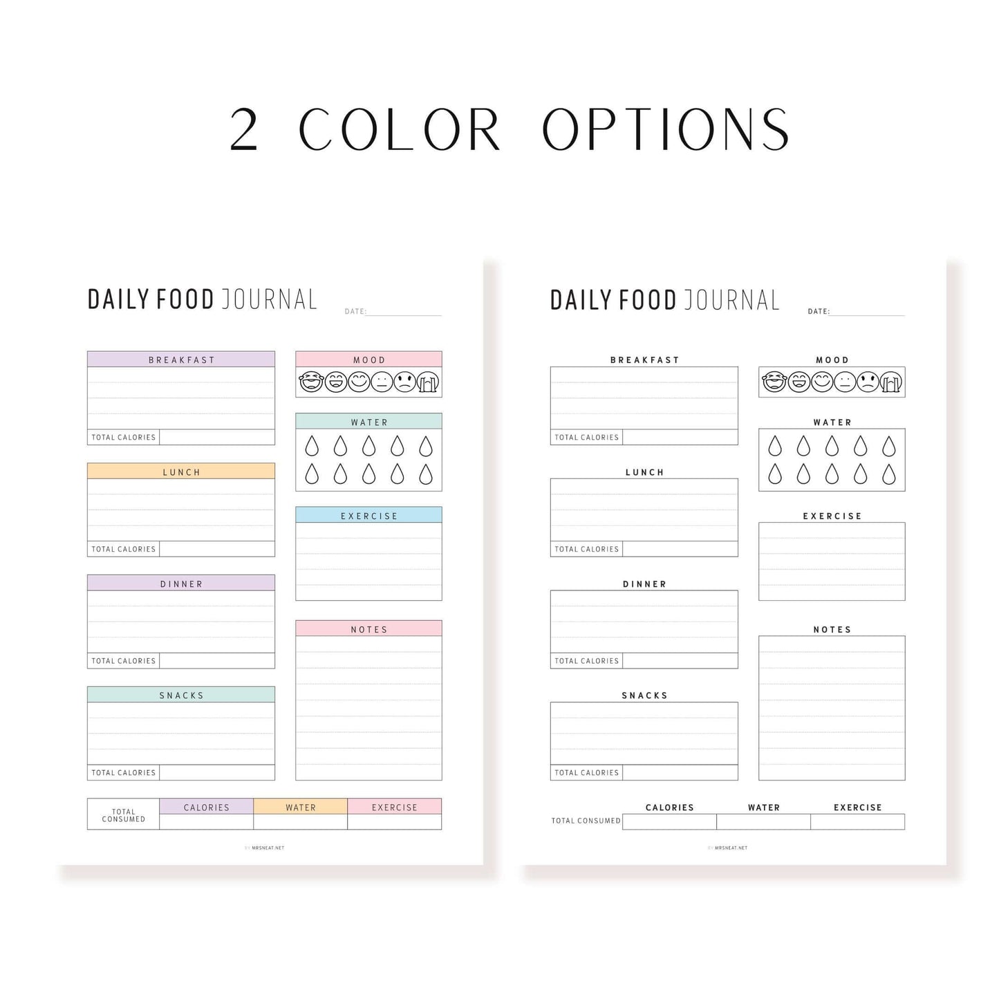 Beautiful Daily Food Journal Printable, 2 Color Options, Digital Planner, Editable PDF, Fillable PDF