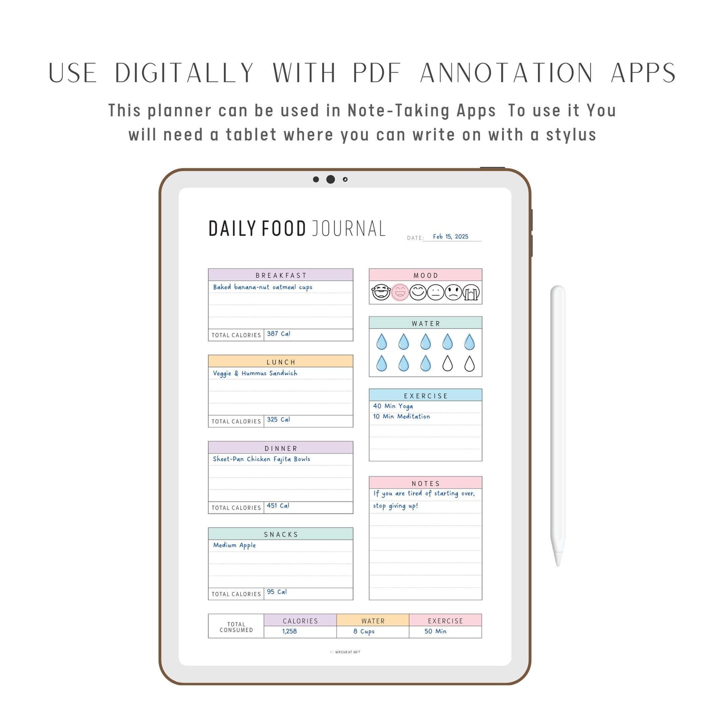 Digital Daily Food Journal Printable, 2 Color Options, Digital Planner, Editable PDF, Fillable PDF