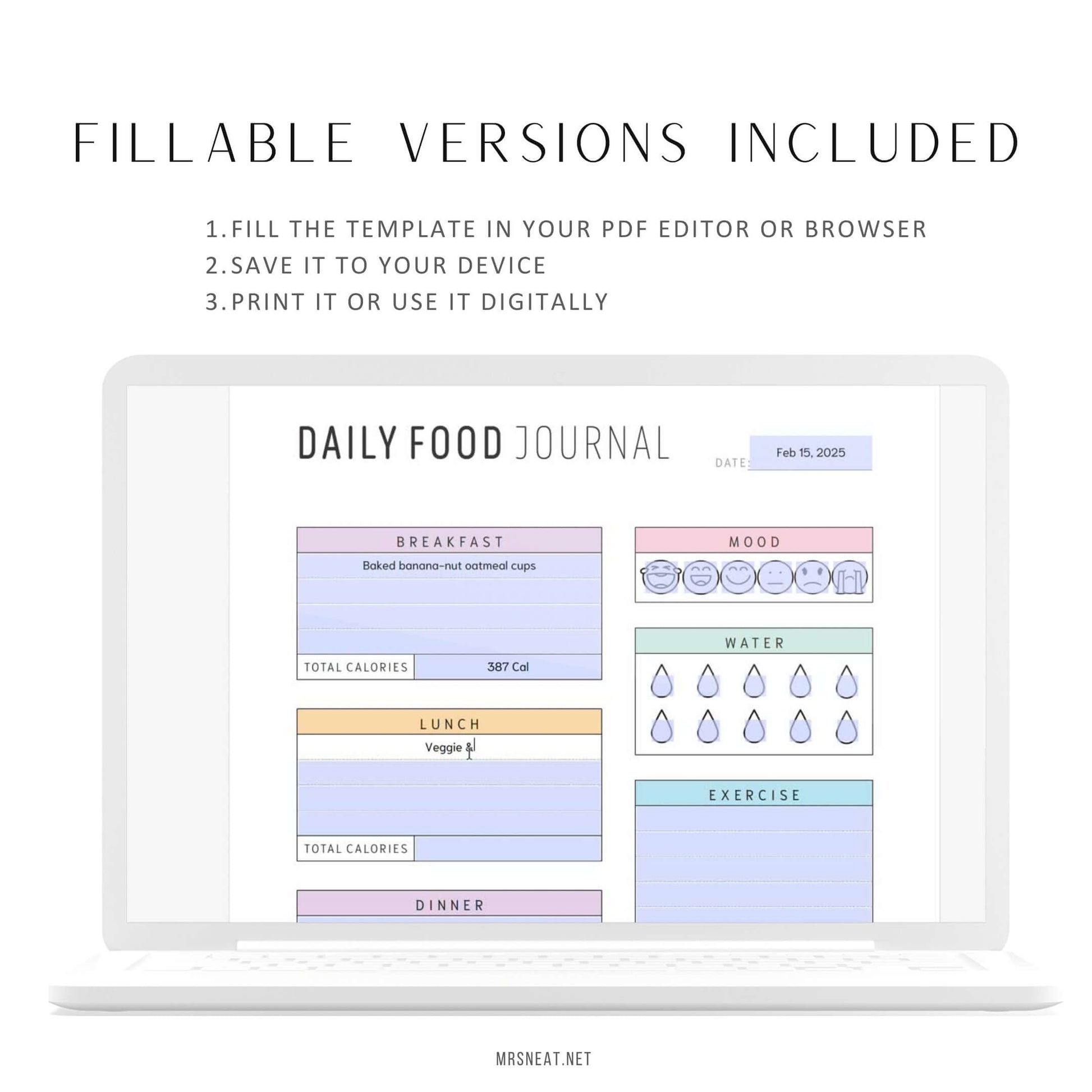 Editable Daily Food Journal Printable, 2 Color Options, Digital Planner, Editable PDF, Fillable PDF