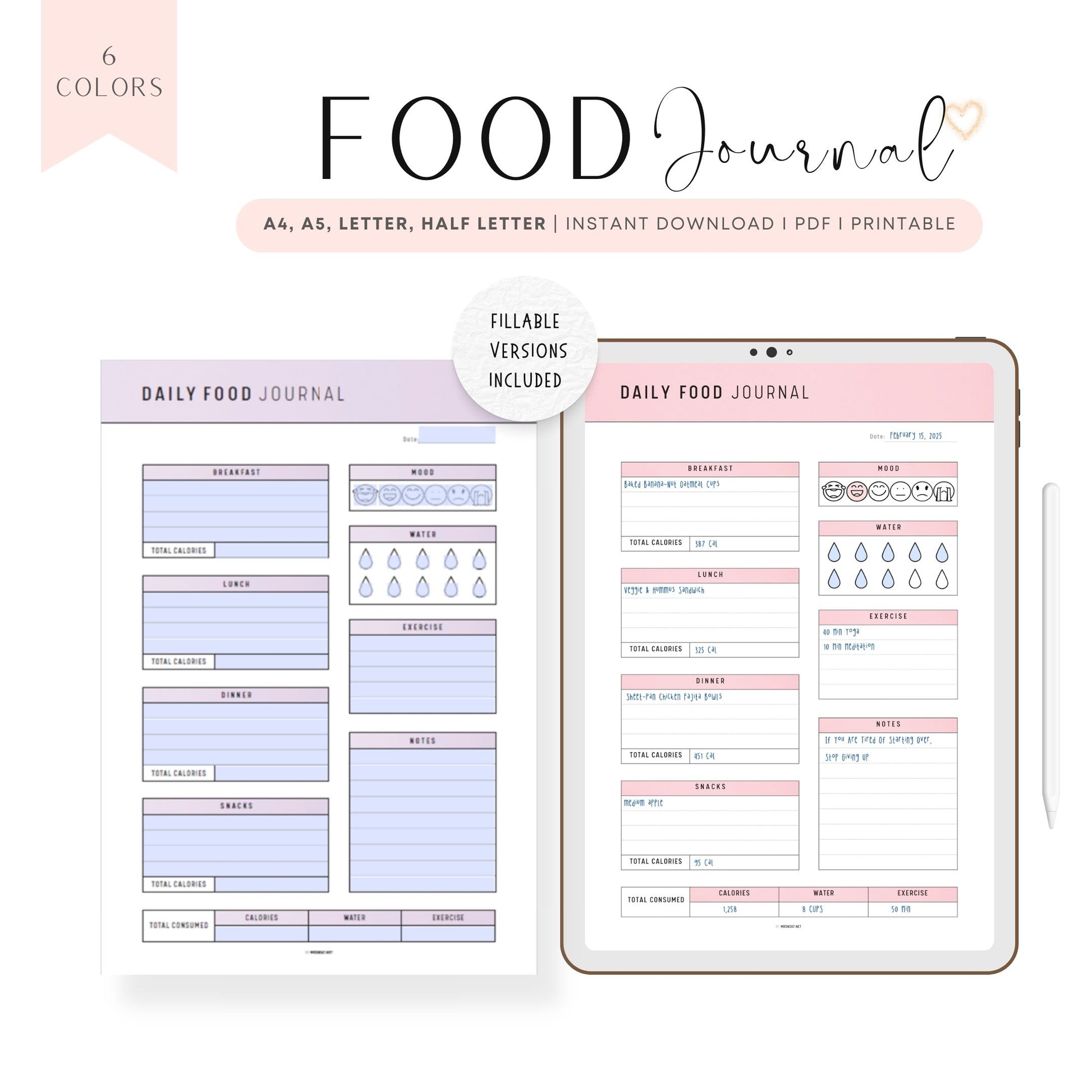 Printable Daily Food Journal Template, A4, A5, Letter, Half Letter, Printable Planner, 6 colors, Printable Inserts, PDF, Fillable PDF