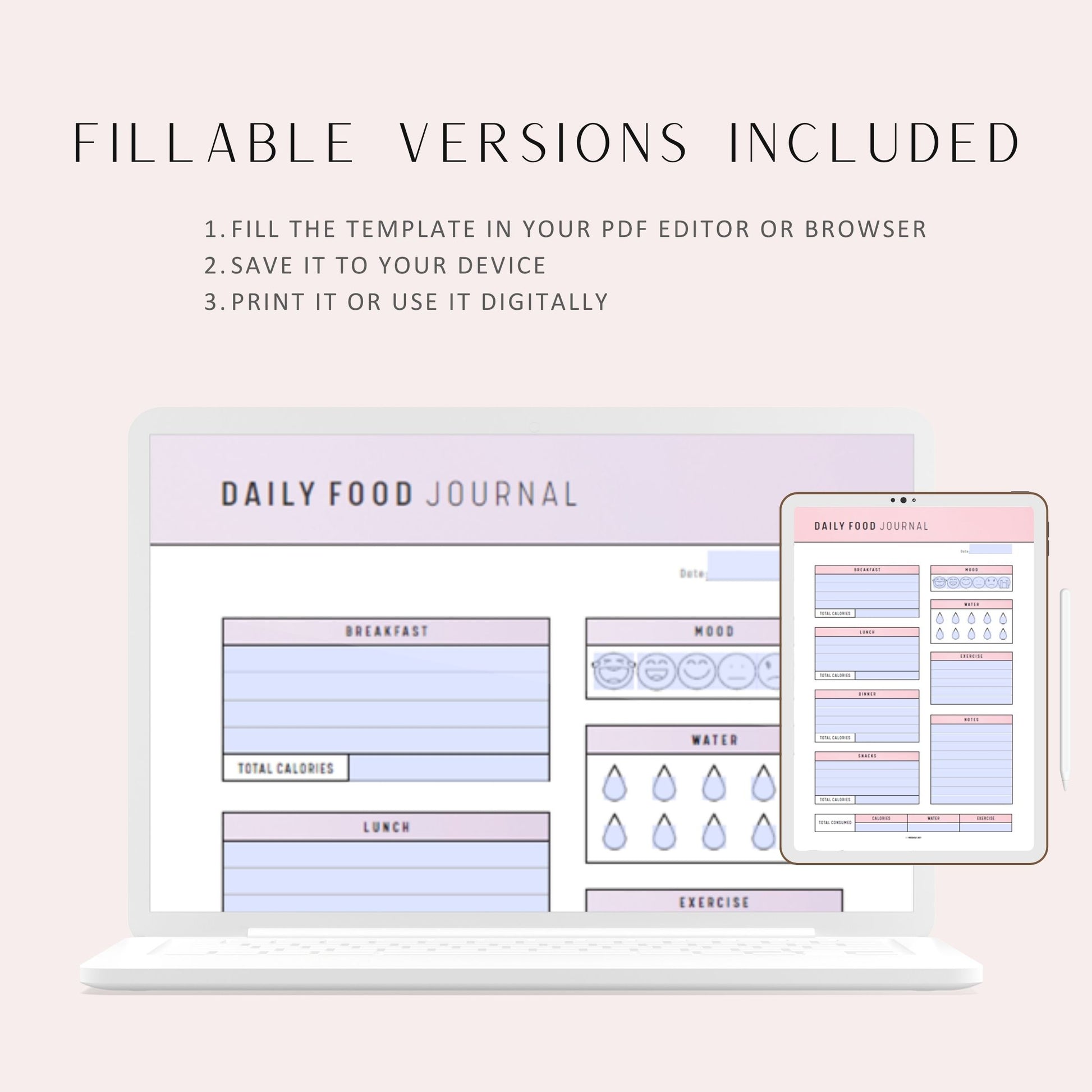 Printable Daily Food Journal Template, 6 colors, A4, A5, Letter, Half Letter, Printable Planner, Printable Inserts, PDF, Fillable PDF
