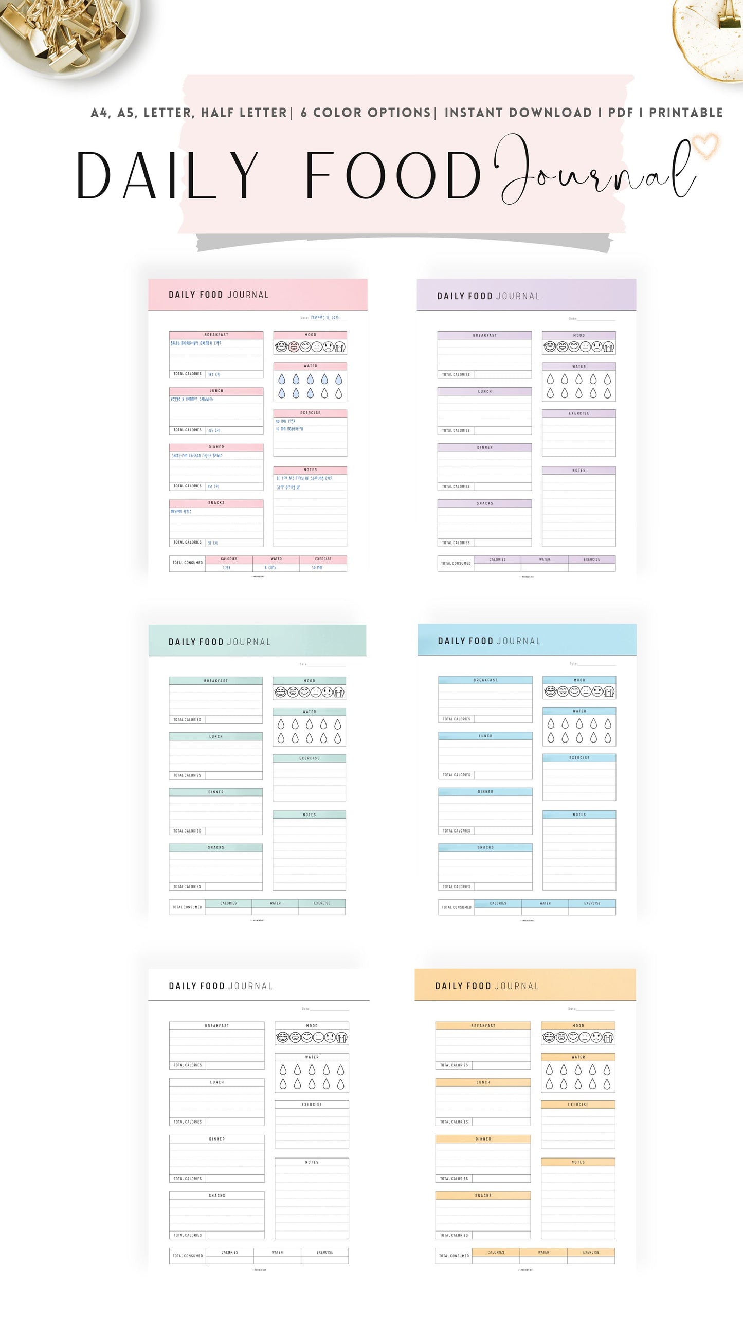 Colorful and Beautiful Printable Daily Food Journal Template
