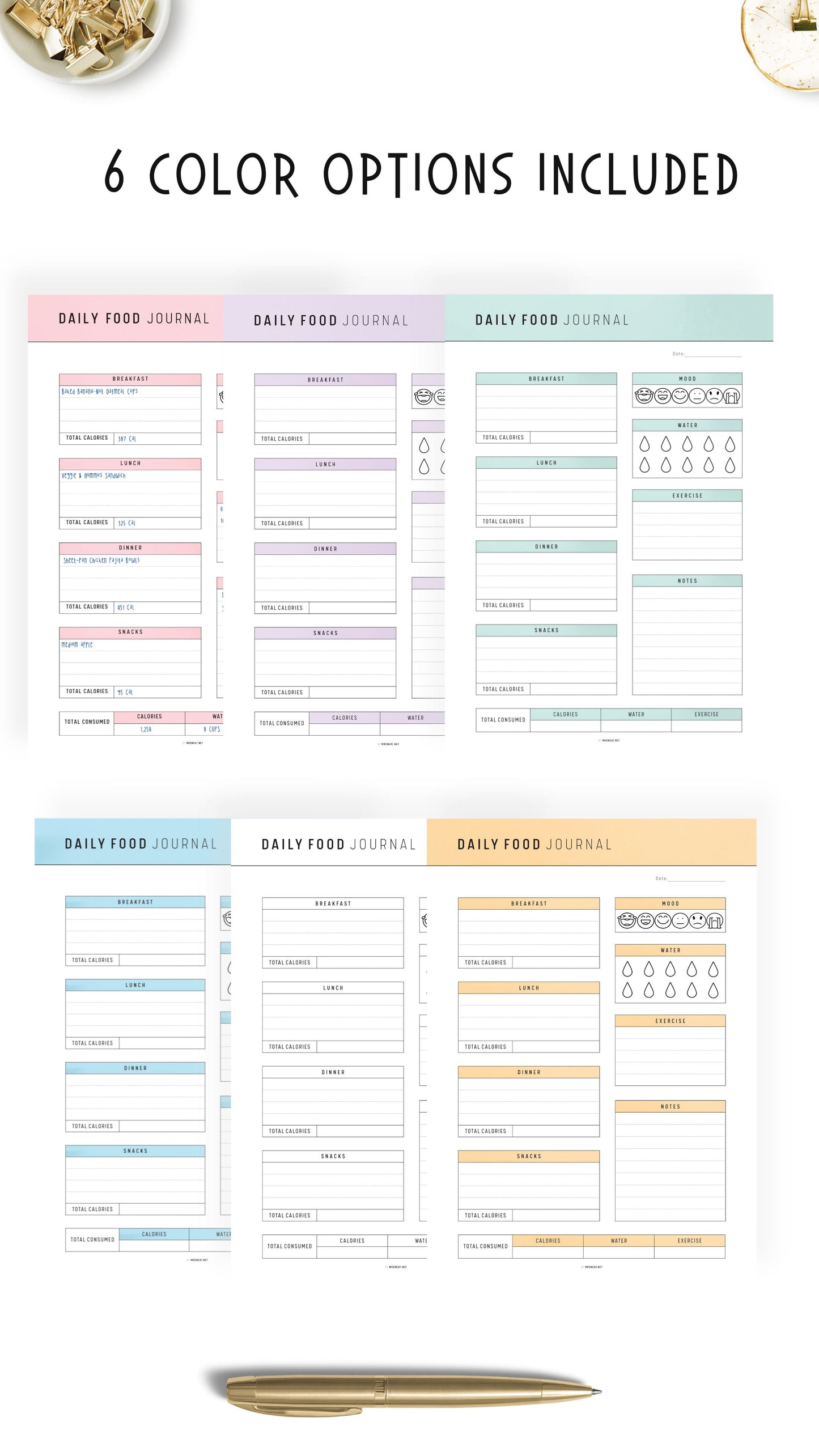 6 pastel and beautiful colors of Printable Daily Food Journal Template