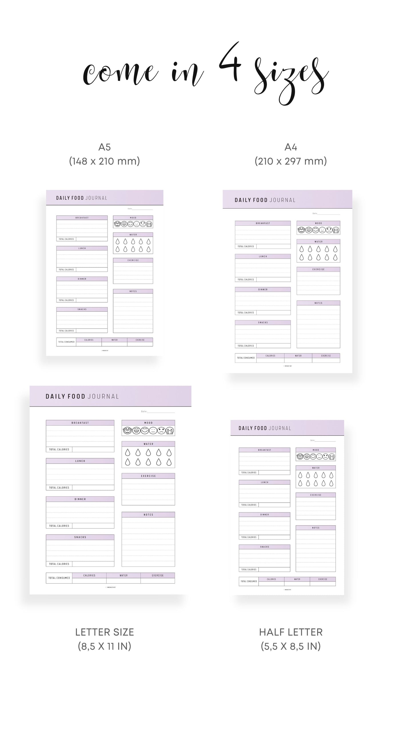 A4, A5, Letter, Half Letter Printable Daily Food Journal Template