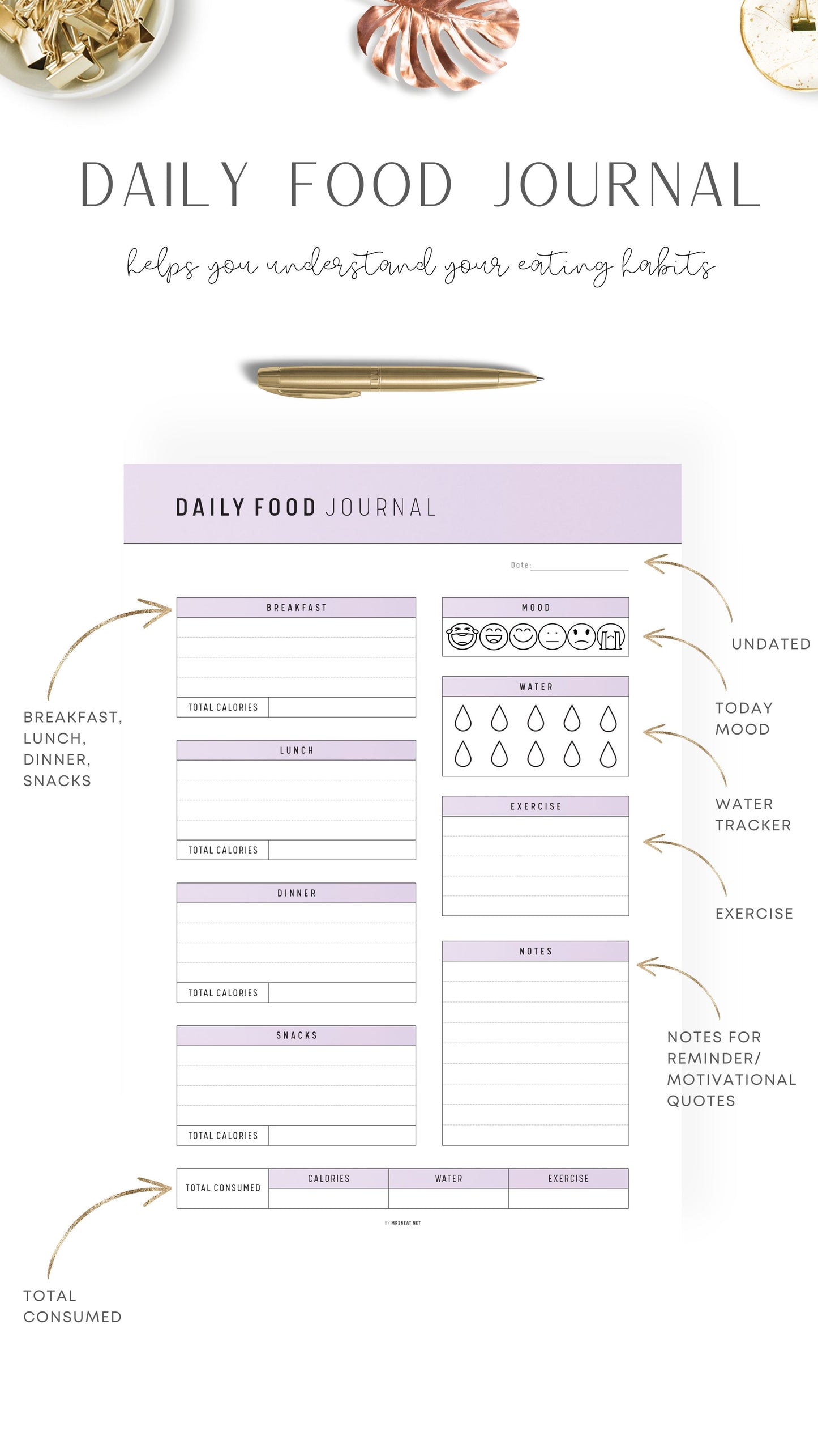 Beautiful Lilac Printable Daily Food Journal Template