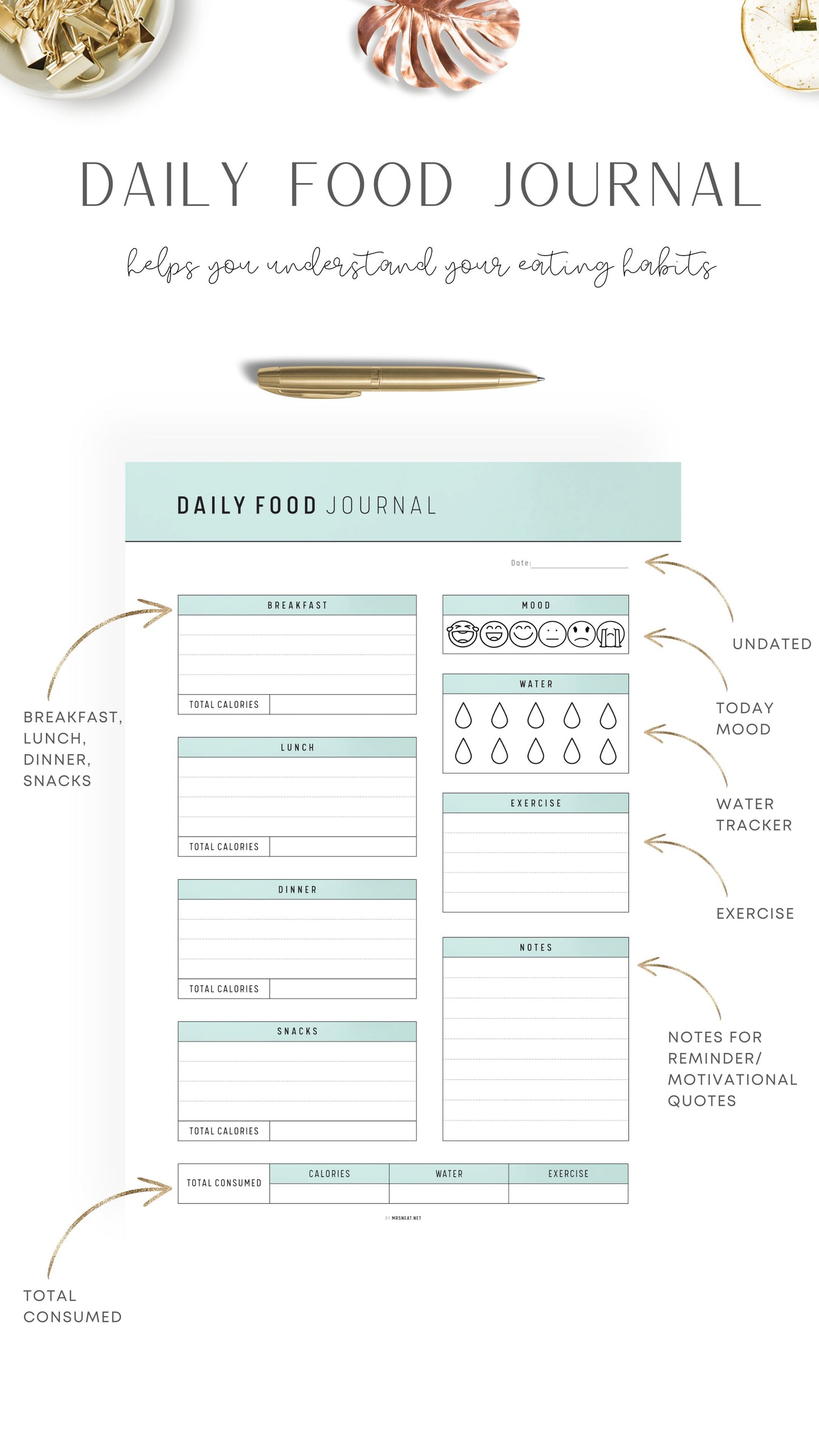 Aesthetic Green Printable Daily Food Journal Template