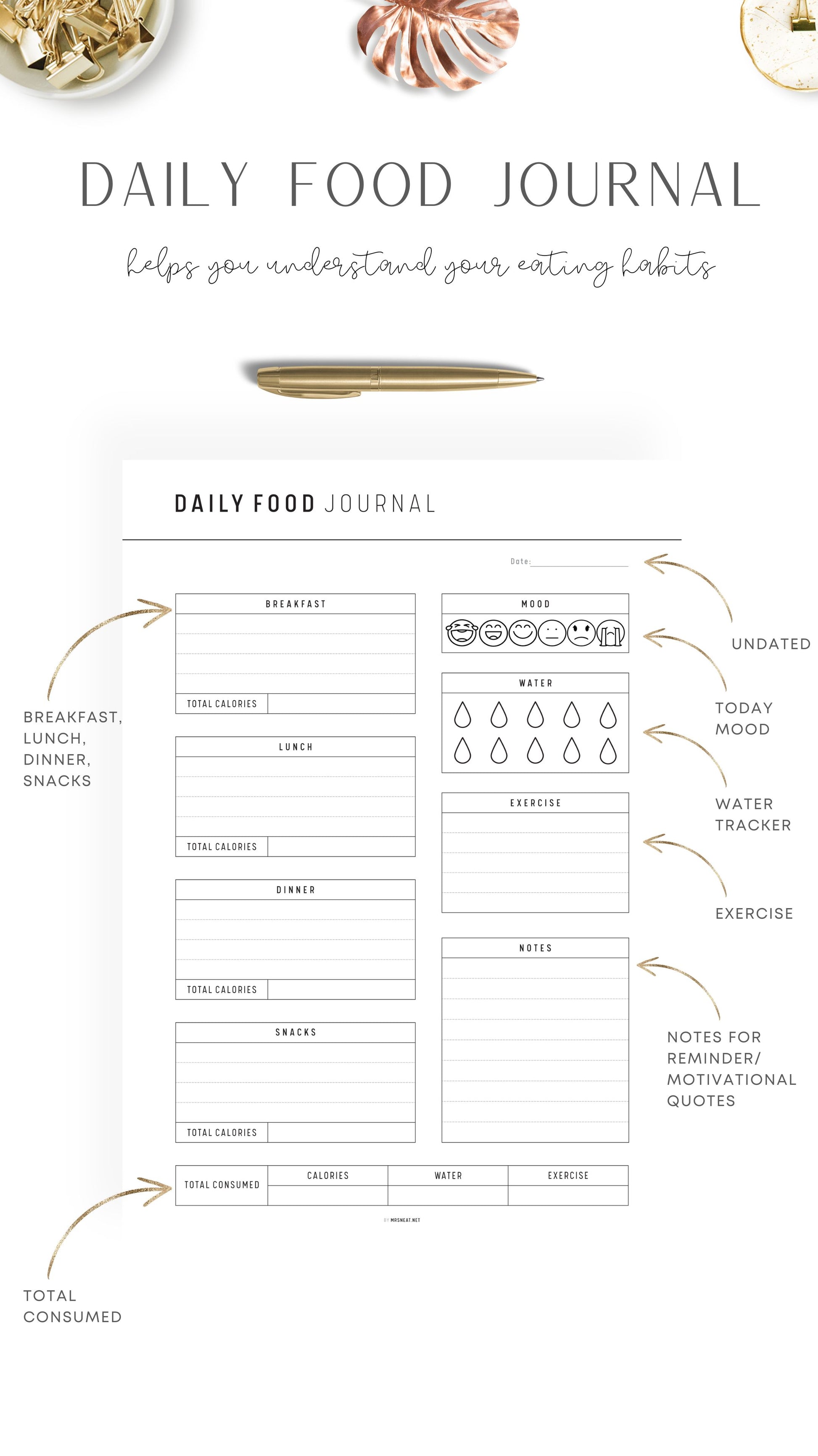 Minimalist and Clean Printable Daily Food Journal Template