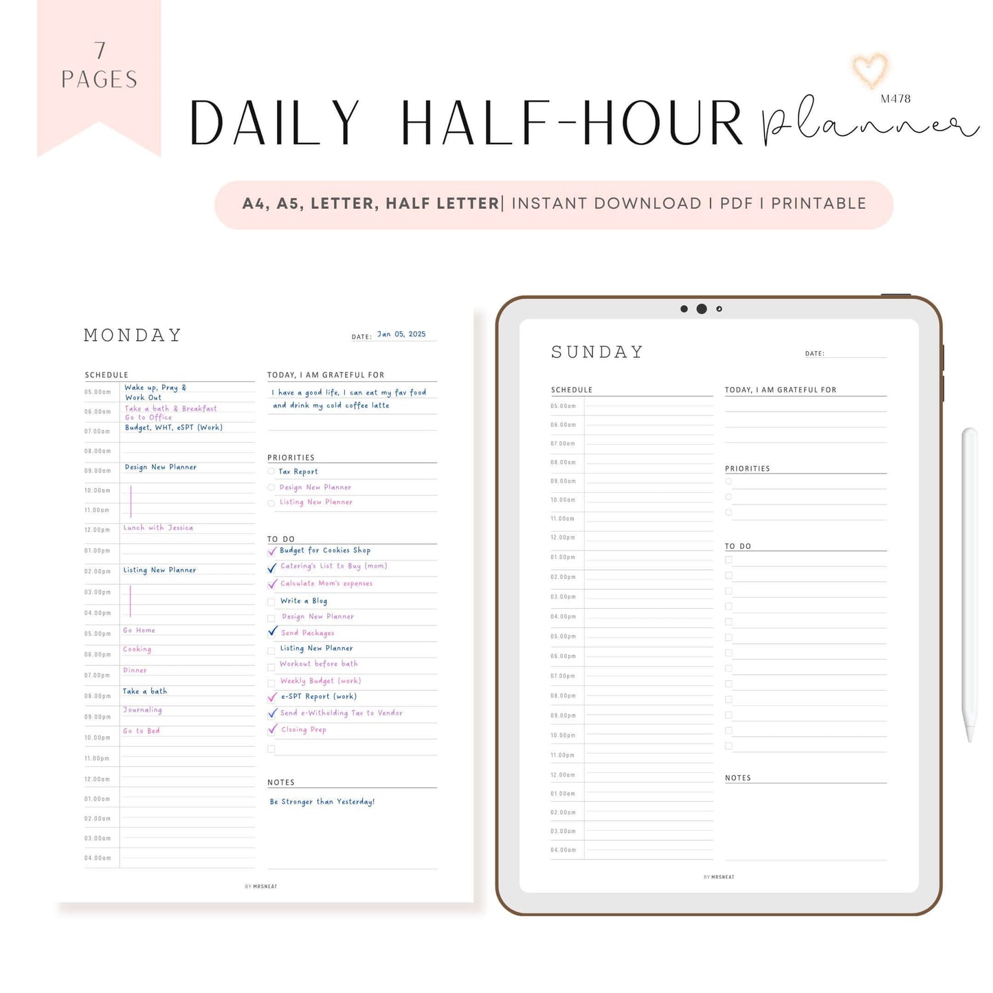 Minimalist Daily Half Hour Planner, Sunday to Monday, Digital & Printables