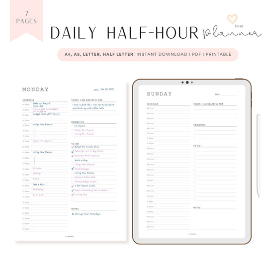 Minimalist Daily Half Hour Planner, Sunday to Monday, Digital & Printables