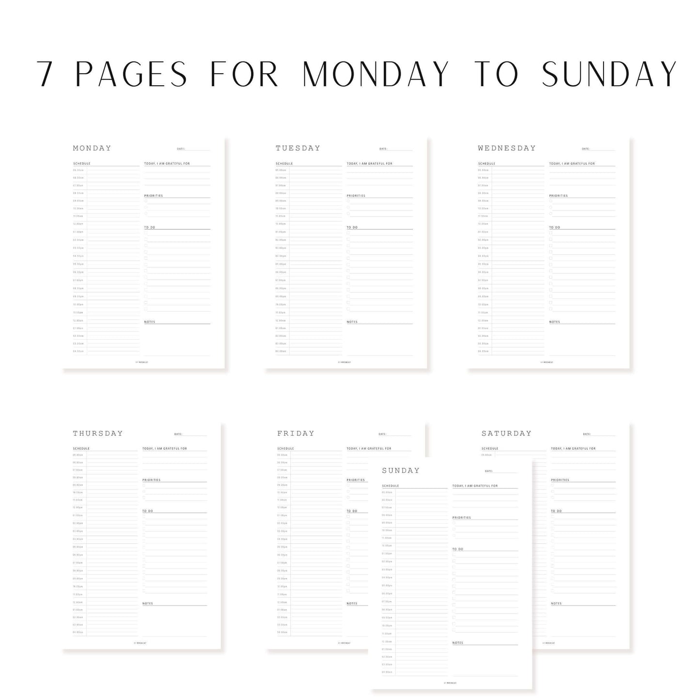 Minimalist Daily Half Hour Planner, Sunday to Monday, Digital & Printables, A4, A5, Letter, Half Letter, 7 pages