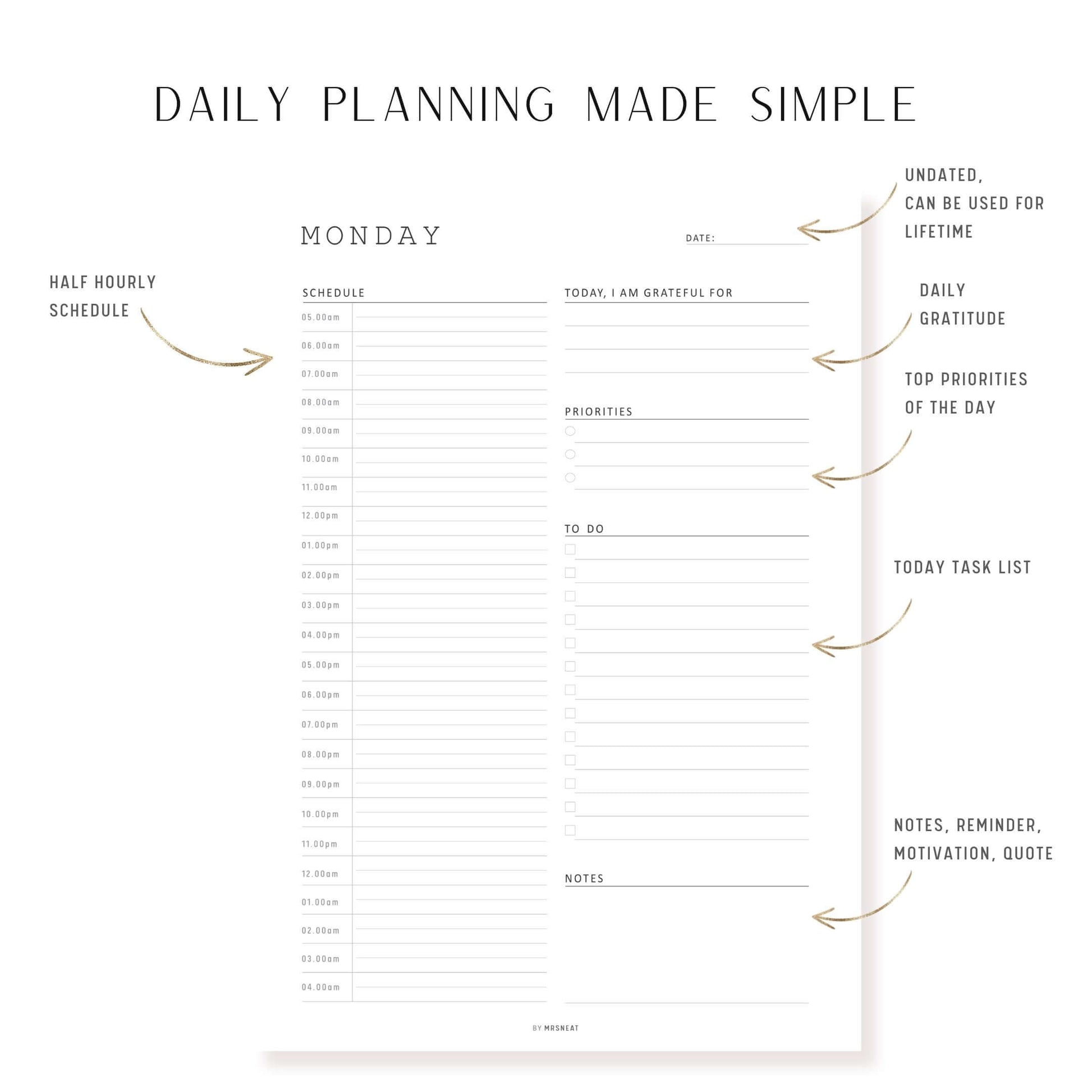 Minimalist Daily Half Hour Planner, Sunday to Monday, Digital & Printables, A4, A5, Letter, Half Letter #2