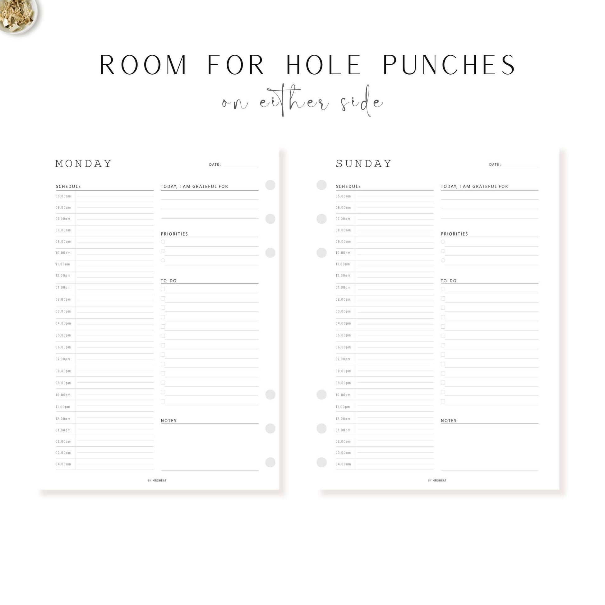 Minimalist Daily Half Hour Planner, Sunday to Monday, Digital & Printables, A4, A5, Letter, Half Letter Hole Punches