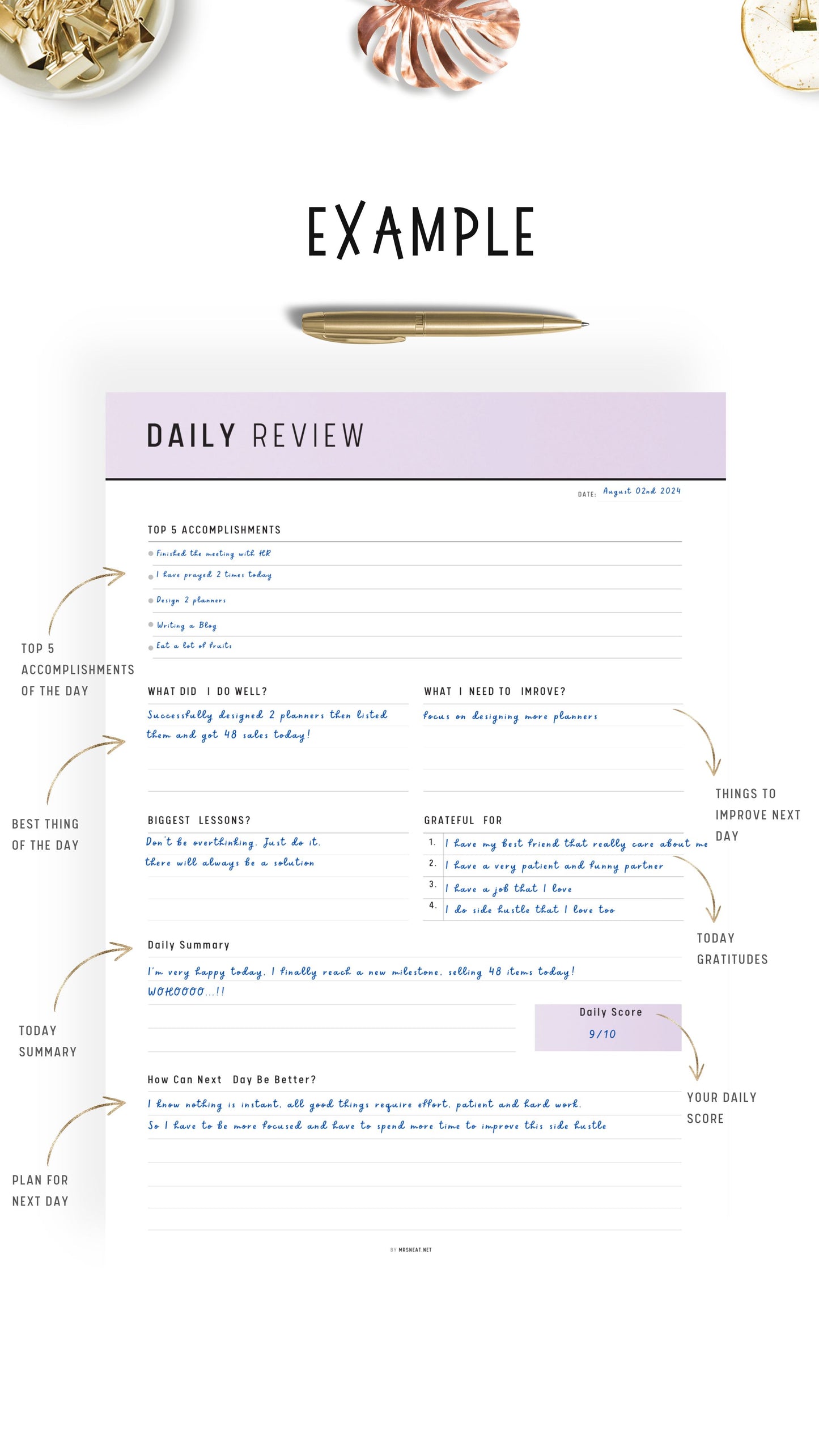 Example Daily Review Planner Template Printable