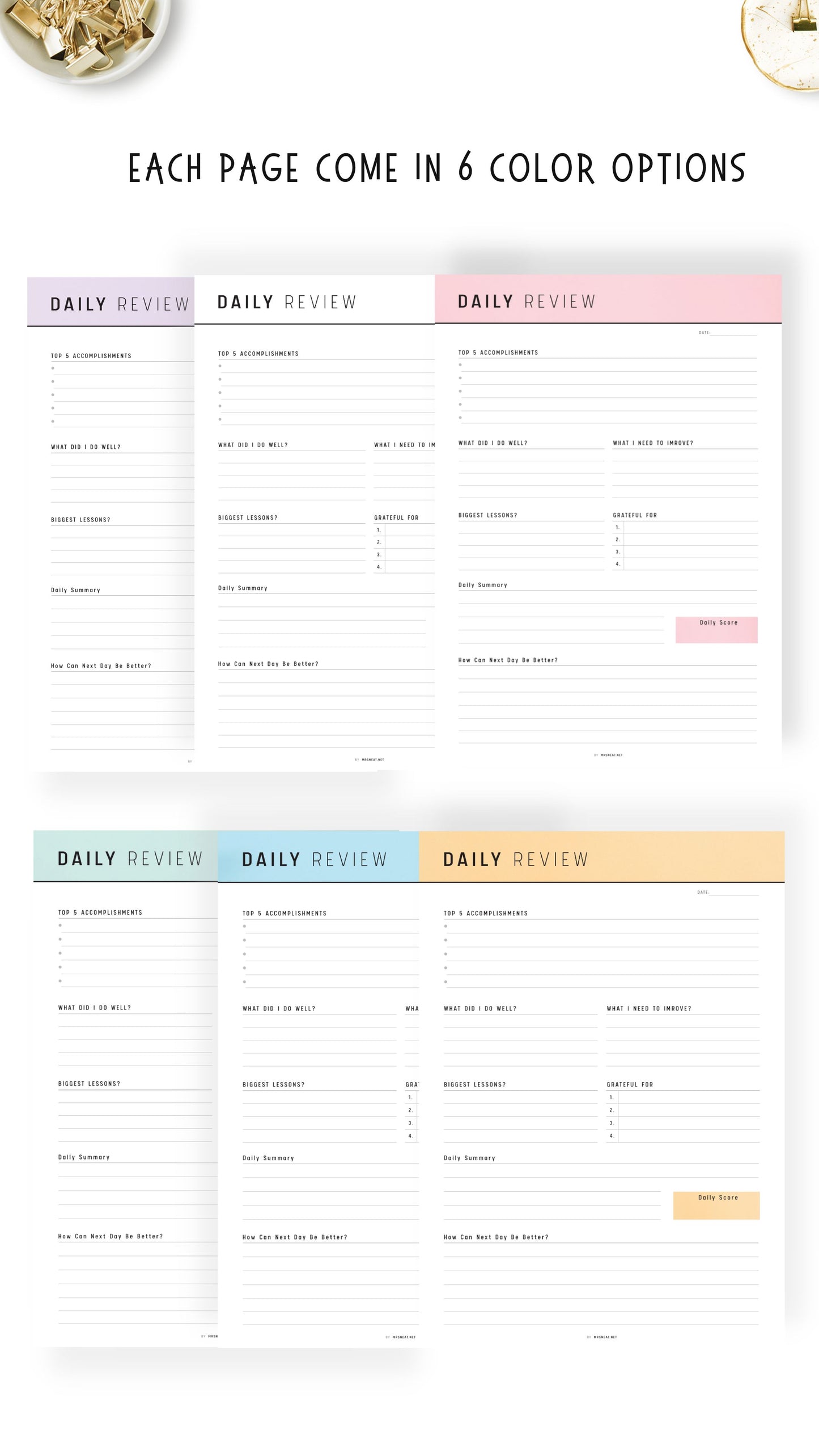 6 Colors Daily Review Planner Template Printable