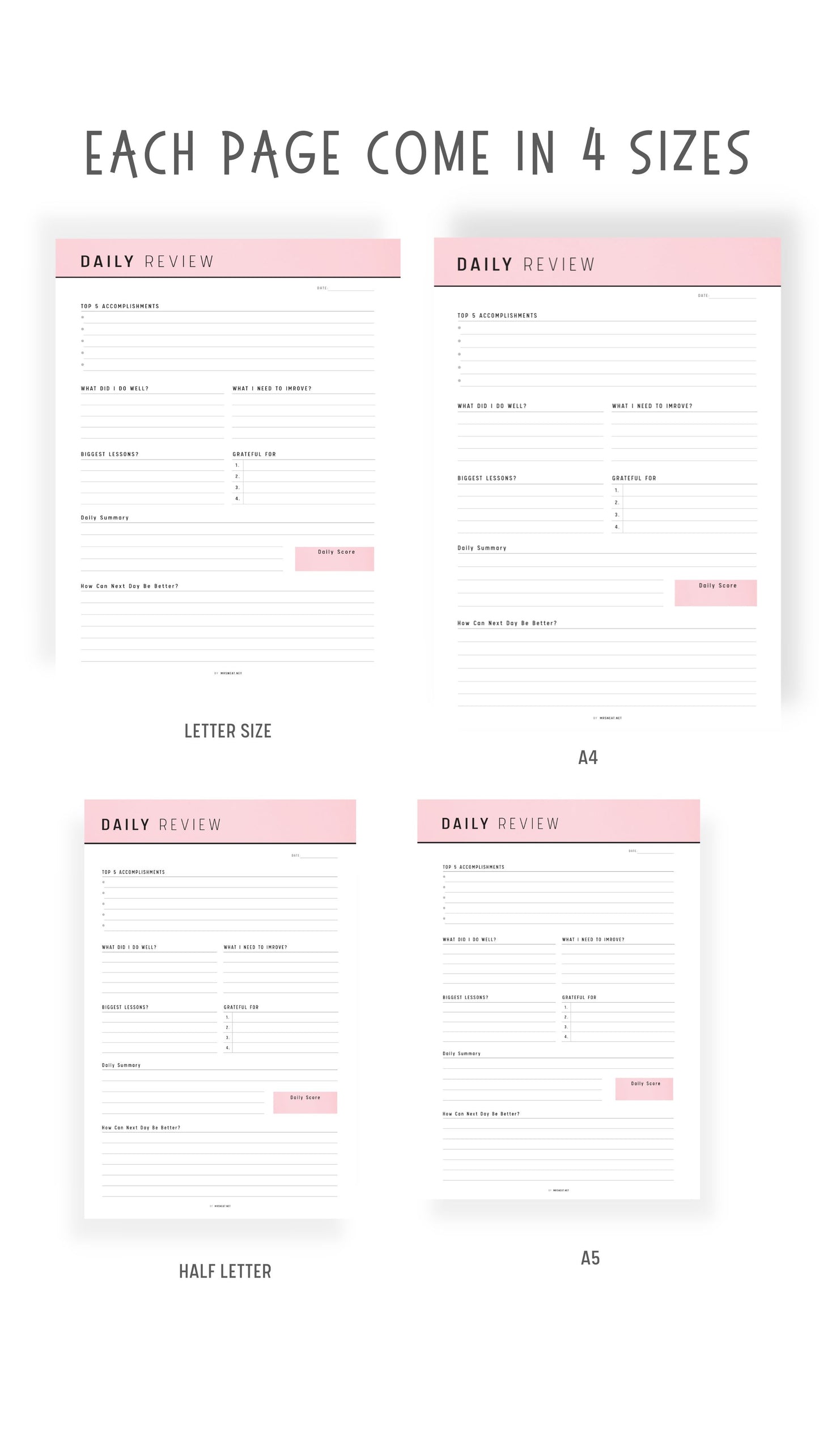 A4, A5, Letter, Half Letter Daily Review Planner Template Printable