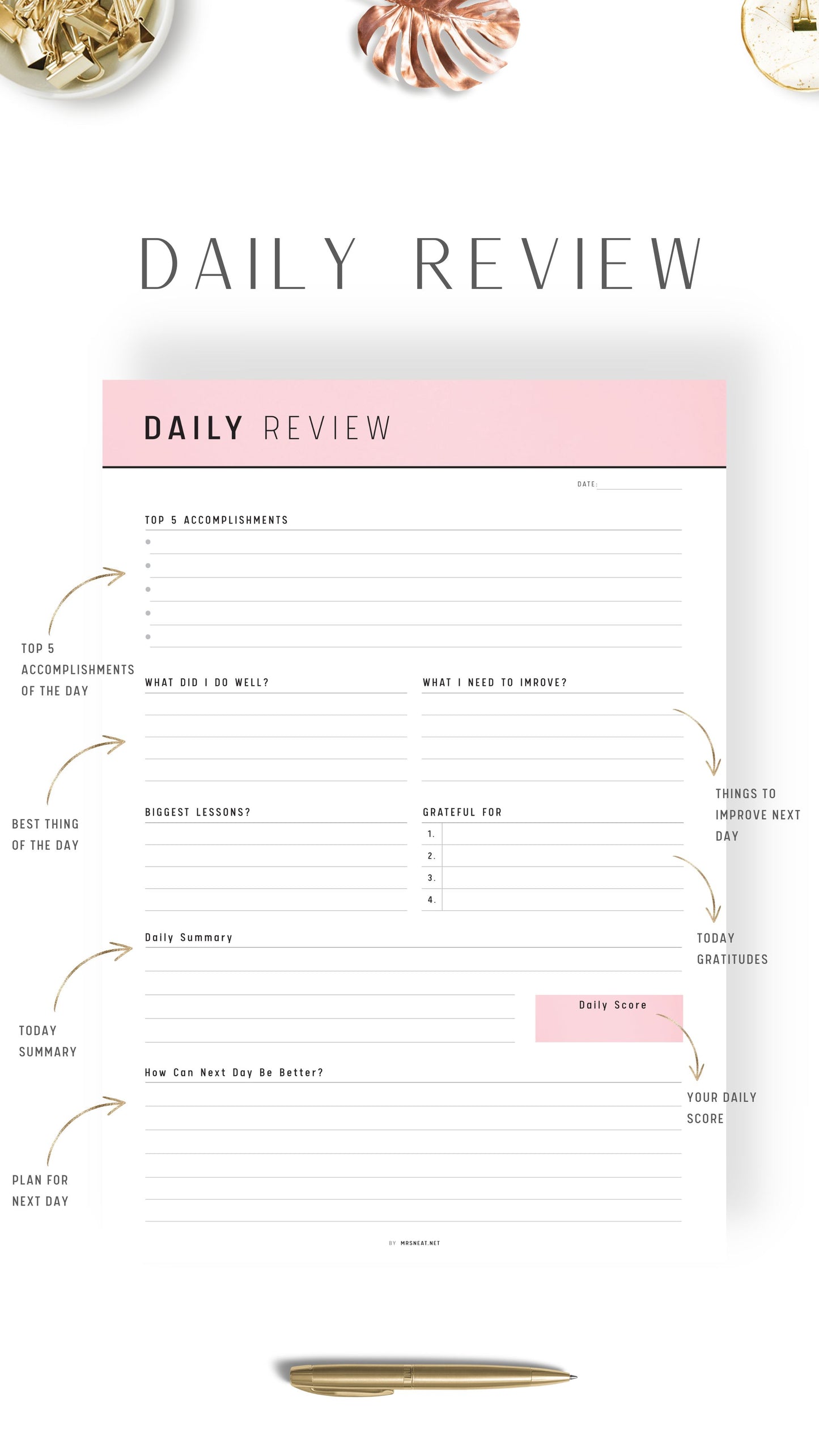Pink Daily Review Planner Template Printable