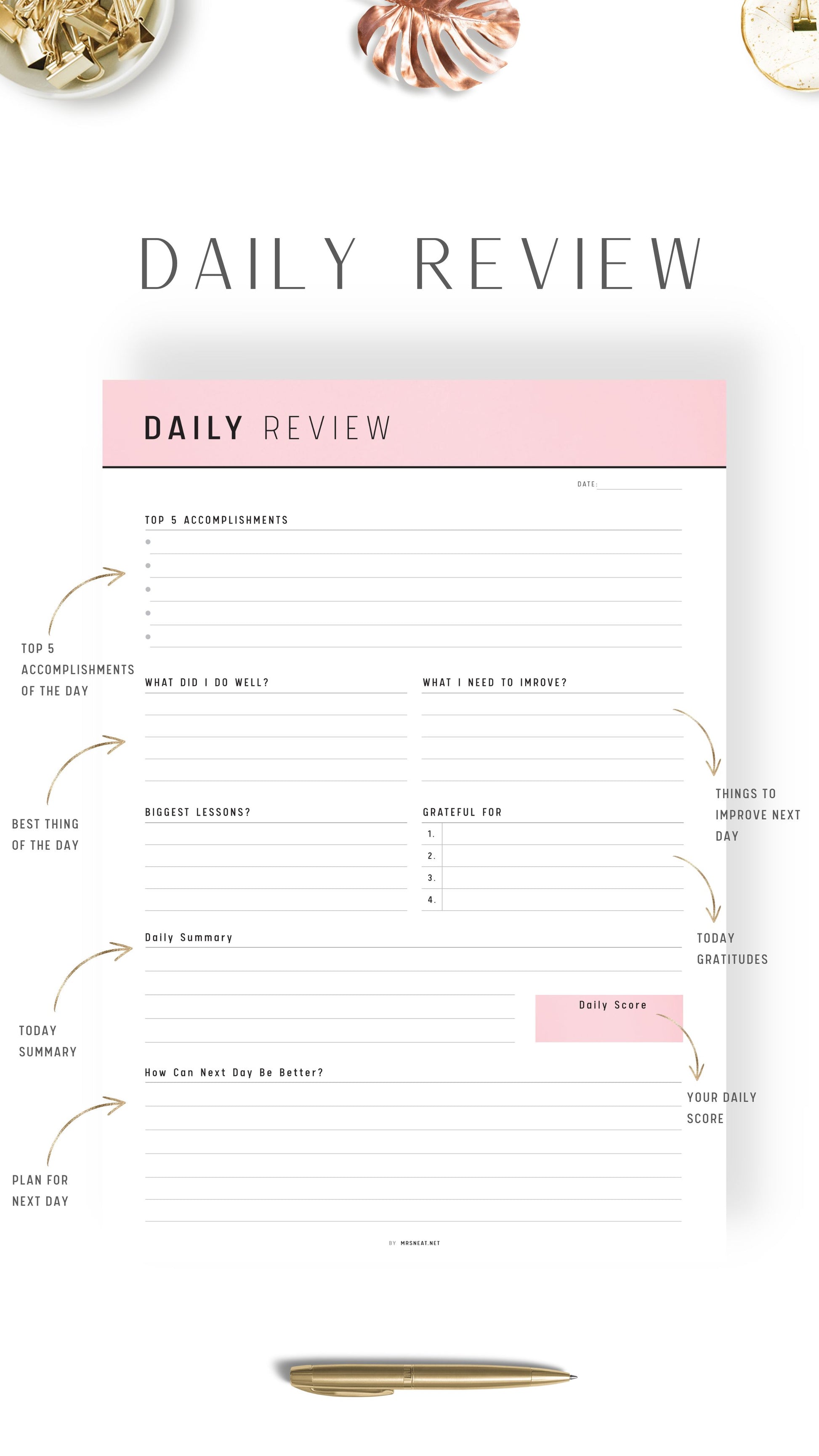 Pink Daily Review Planner Template Printable