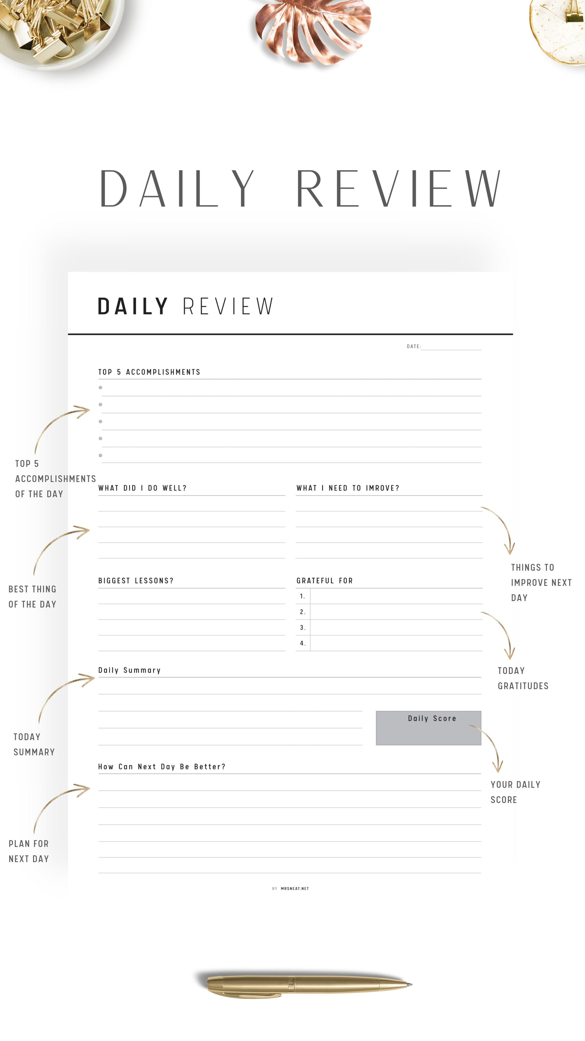 Minimalist Daily Review Planner Template Printable