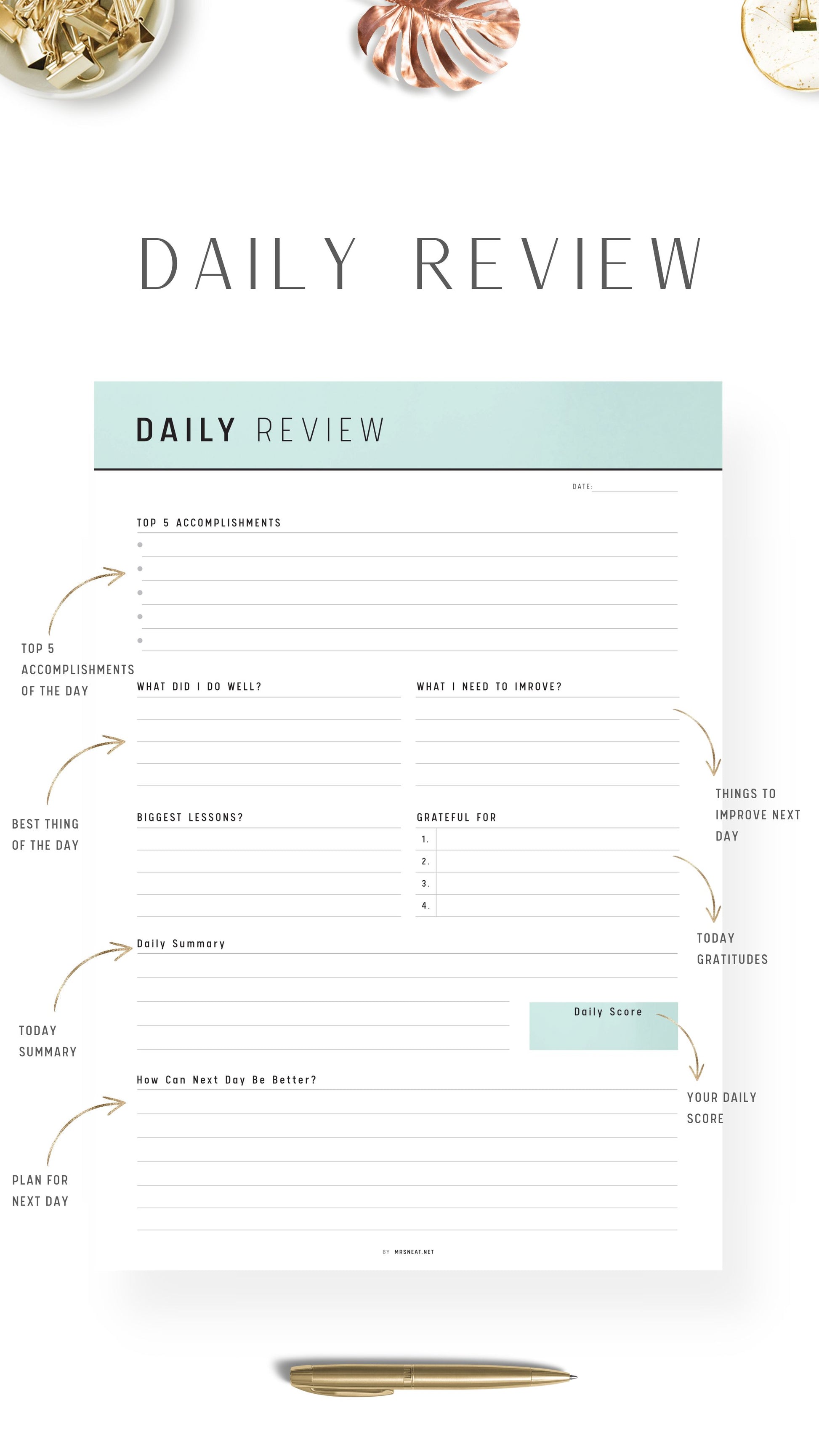 Green Daily Review Planner Template Printable