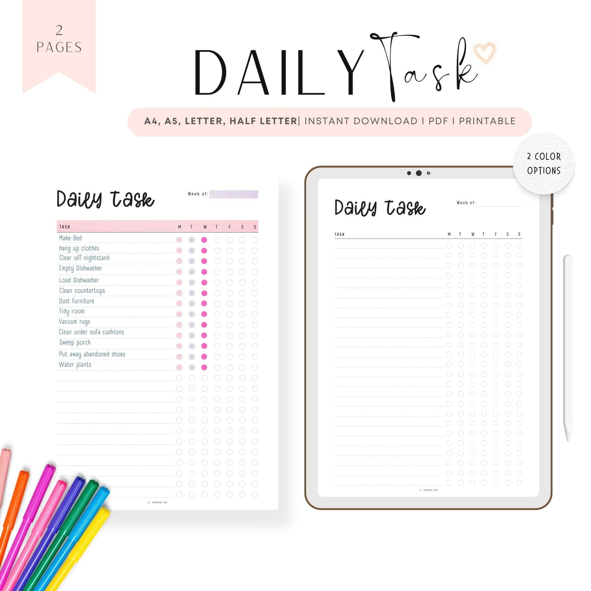 Daily Task List Template Printable, To Do List Planner, 2 color options