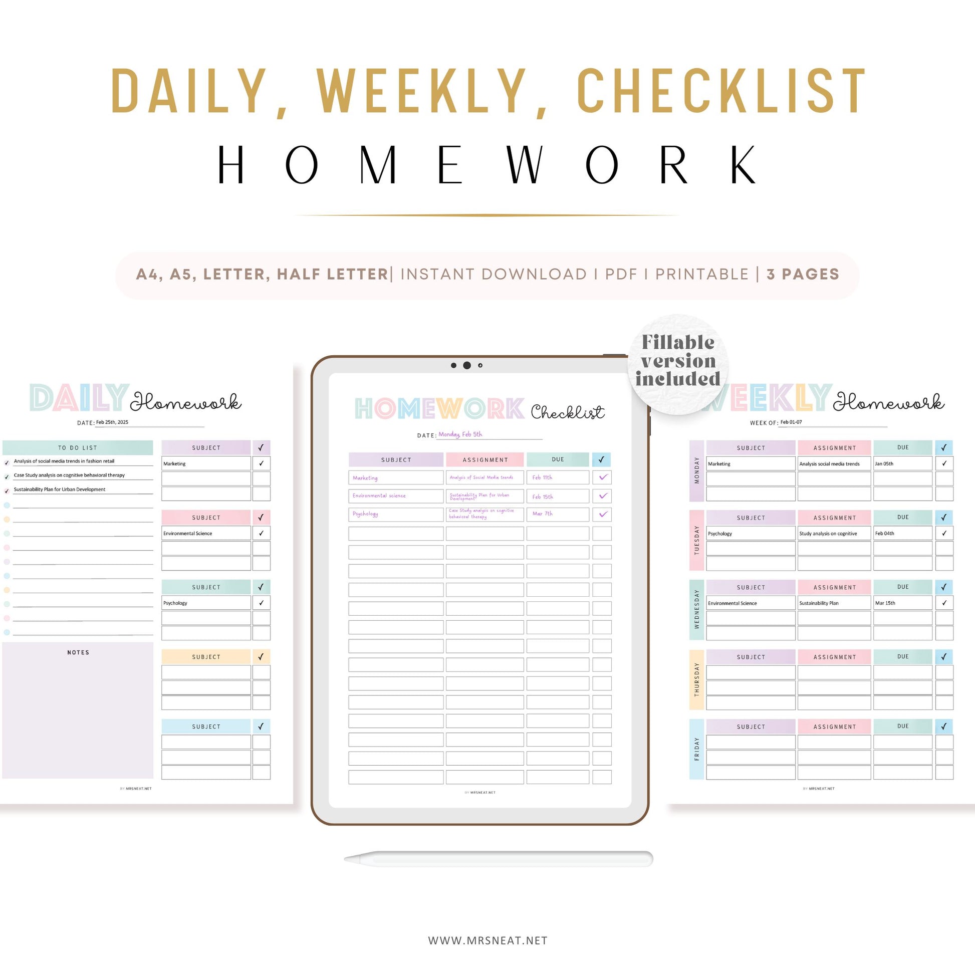 Editable Homework Planner, Printable, Digital, Student Planner, Assignment Checklist, Study Planner, School Tracker Template, Digital, Printable Planner, A4 A5, Letter, Half Letter