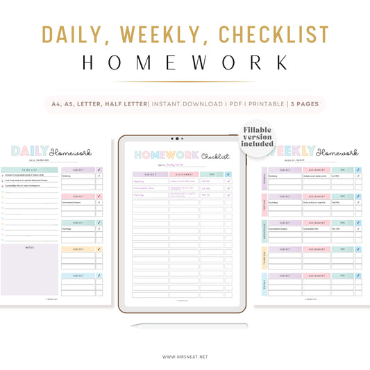 Editable Homework Planner, Printable, Digital, Student Planner, Assignment Checklist, Study Planner, School Tracker Template, Digital, Printable Planner, A4 A5, Letter, Half Letter