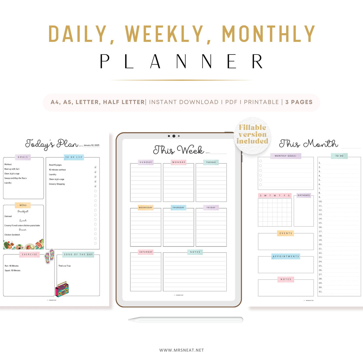 PRINTABLE Daily, Weekly, Monthly Planner Bundle - M516 – mrsneat