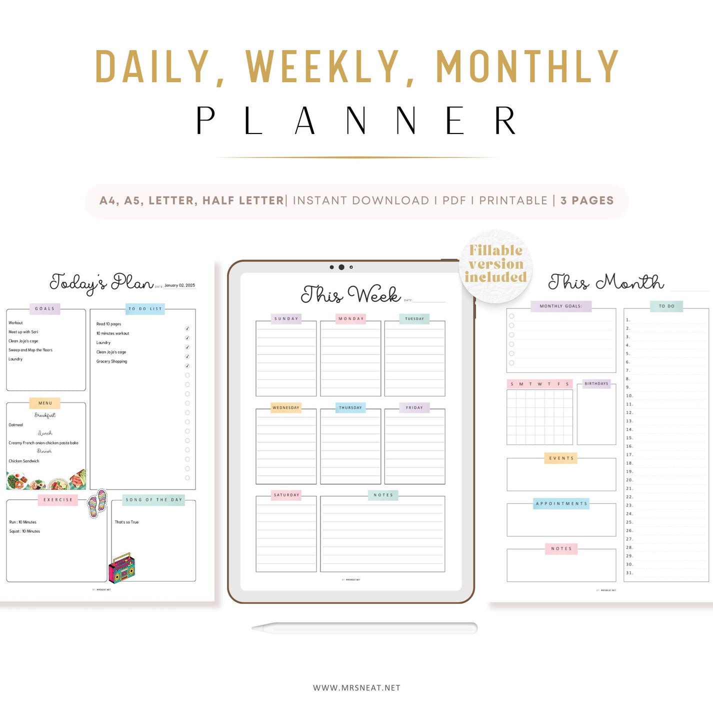 PRINTABLE Daily, Weekly, Monthly Planner Bundle - M516 – mrsneat