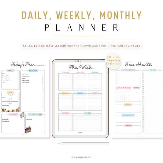 Daily, Weekly, Monthly Planner Bundle, 3 pages, Lined and Unlined version, PDF Fillable, Digital Planner, Printable Planner, A4, A5, Letter, Half Letter, Sunday and Monday start