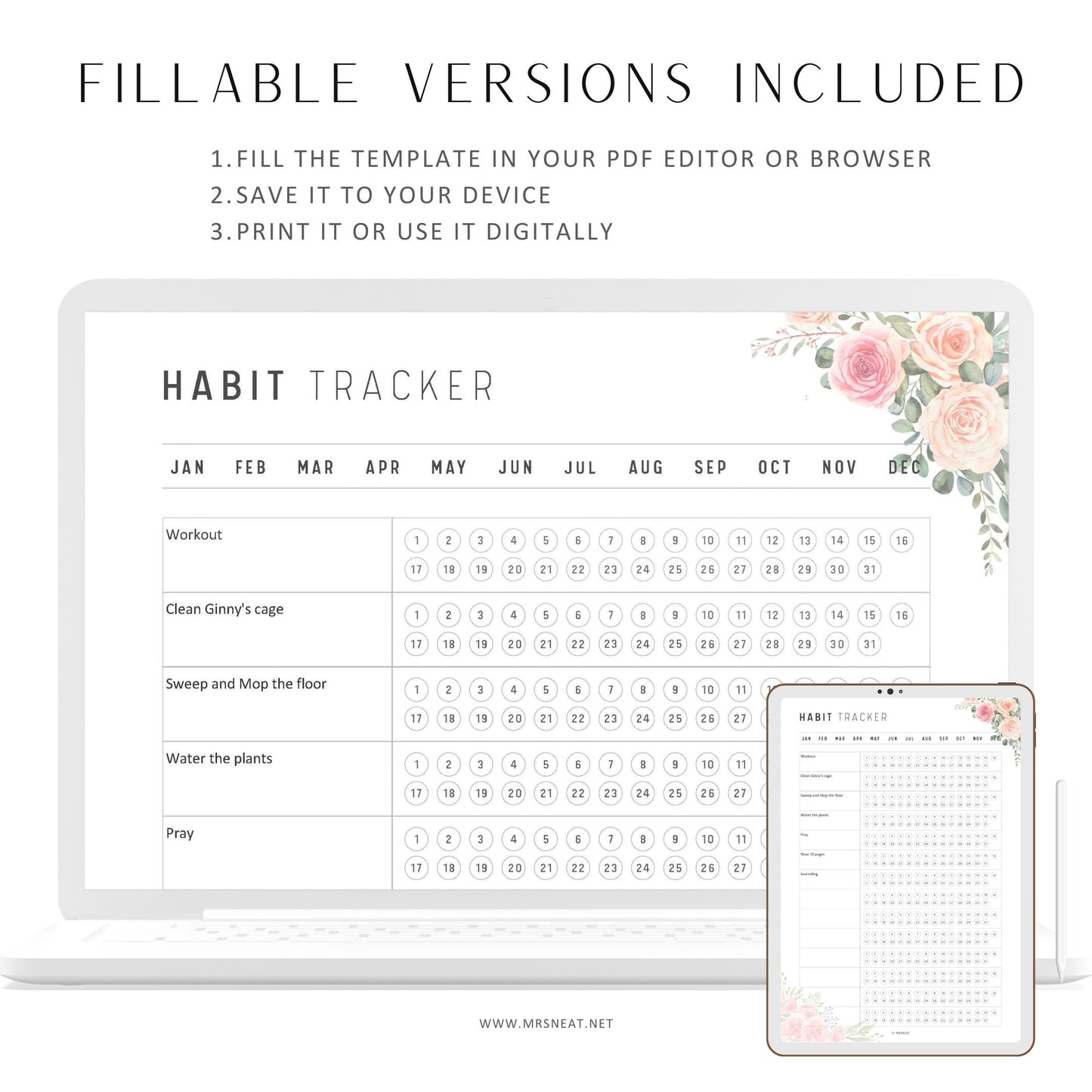 Floral Minimalist Daily Habit Tracker, Habit Tracker Printable, Daily Habit Page, Habit Tracker Template, A5, A4, Letter, Half Letter, PDF