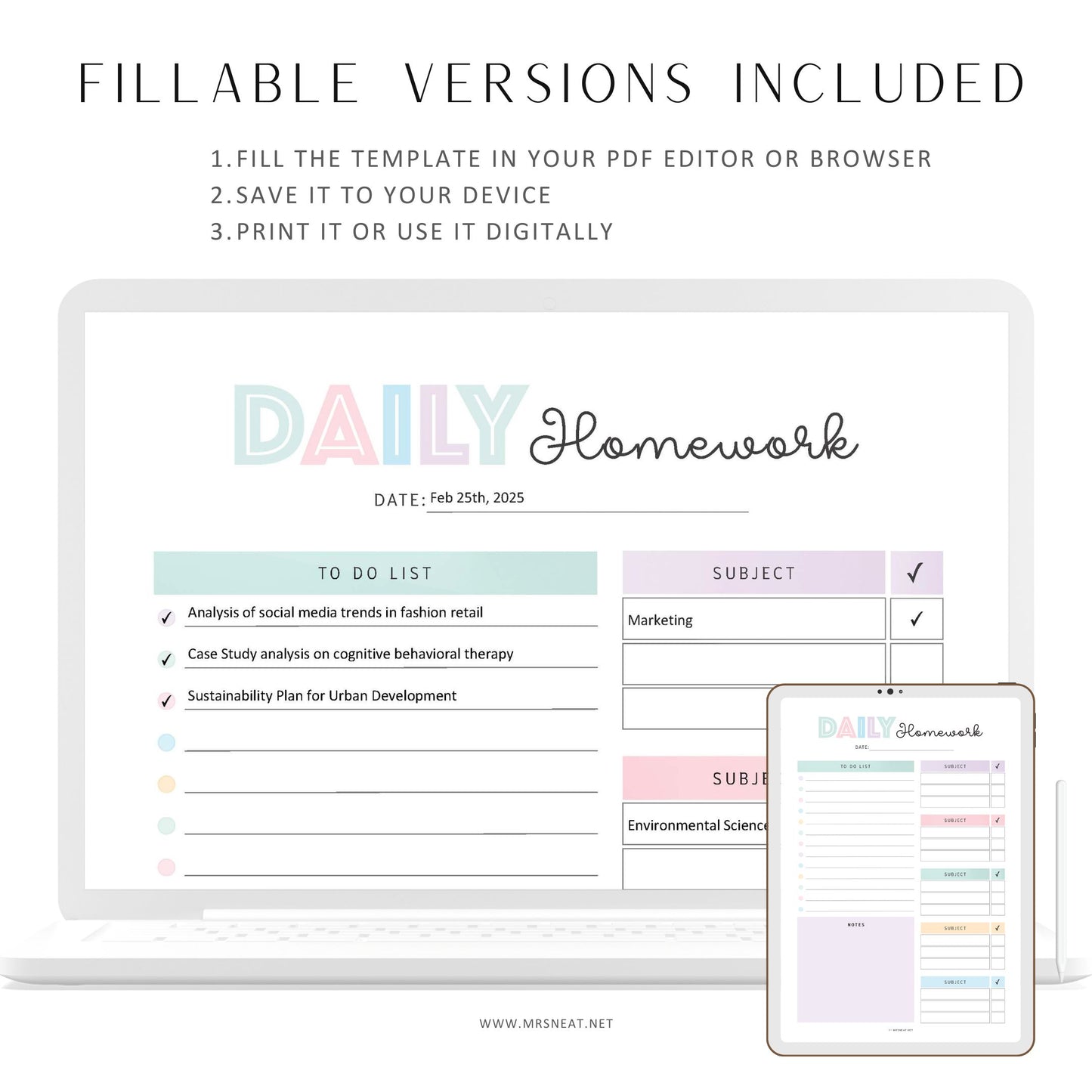 Daily homework planner template with a computer screen and tablet displaying the same layout.