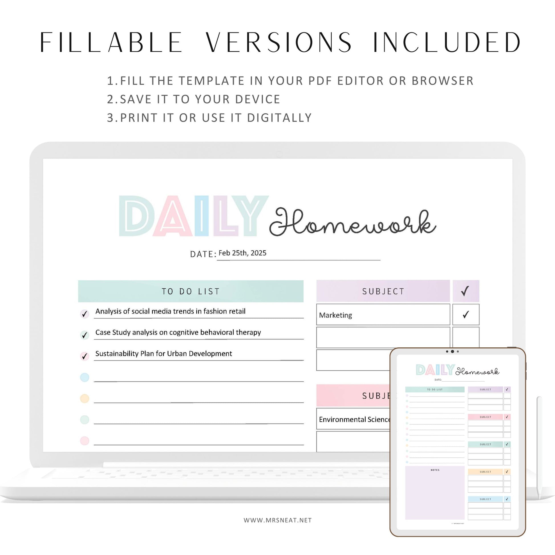Daily homework planner template with a computer screen and tablet displaying the same layout.