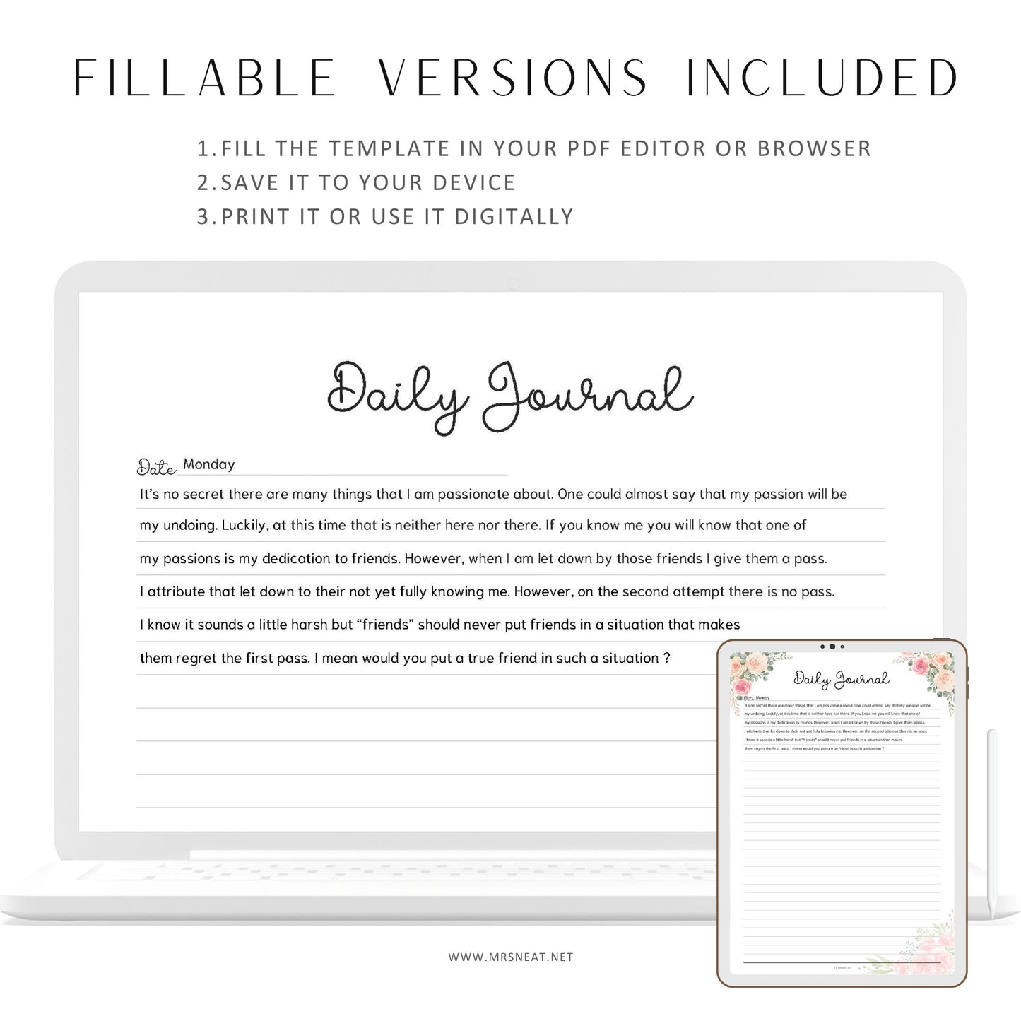 Fillable Daily Journal, PRINTABLE Journal Page, Printable Planner Page,  Daily Diary Page, Diary Journal, Printable Diary, Daily Reflection Note, 2 Versions (Lined and Unlined), 5 Colors, Floral Theme, A4, A5, Letter, Half Letter, PDF Fillable, Digital Planner