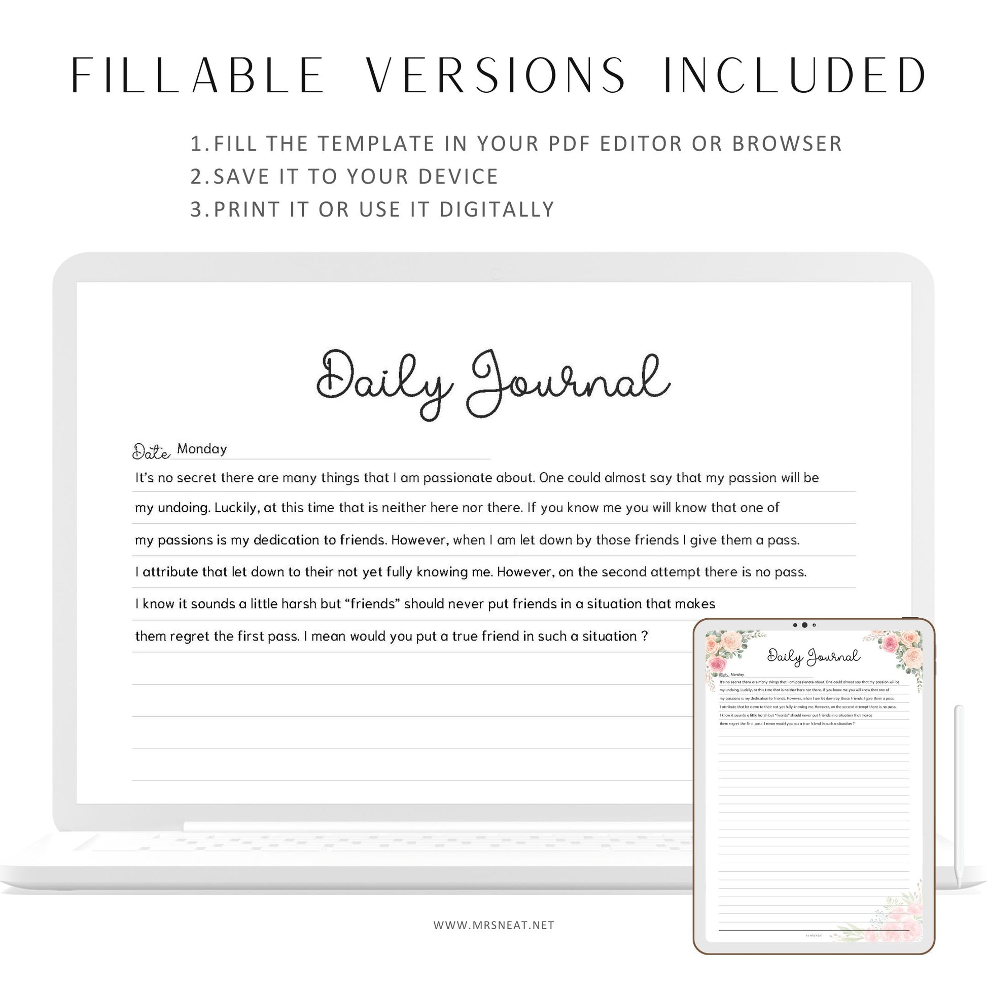 Fillable Daily Journal, PRINTABLE Journal Page, Printable Planner Page,  Daily Diary Page, Diary Journal, Printable Diary, Daily Reflection Note, 2 Versions (Lined and Unlined), 5 Colors, Floral Theme, A4, A5, Letter, Half Letter, PDF Fillable, Digital Planner