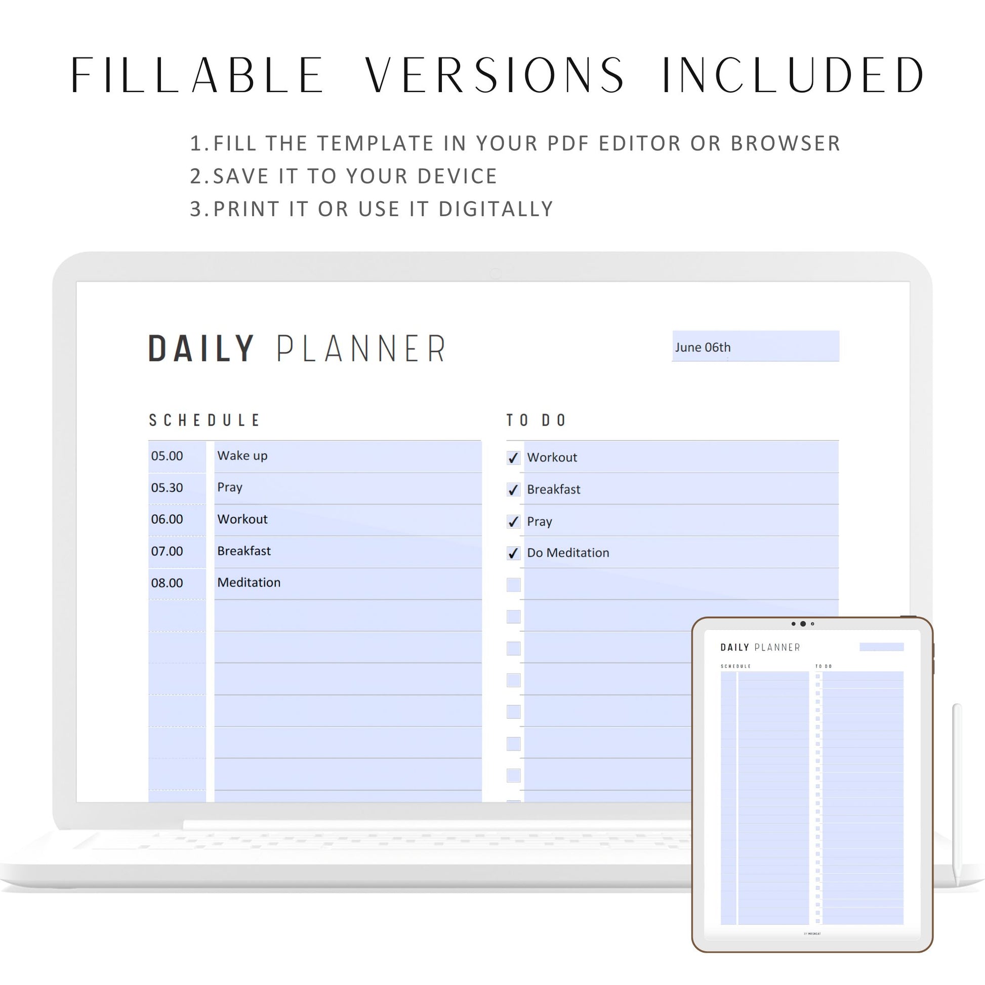 Minimalist Daily Planner Printable, Daily Planner Page, Fillable Daily Schedule, Daily To Do list, A4, A5, Letter, Half Letter, PDF