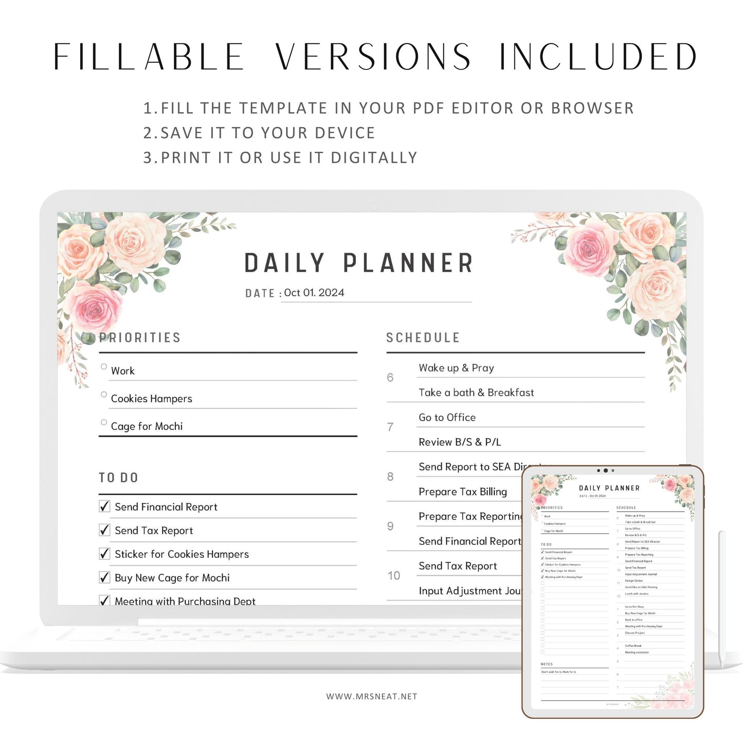 Fillable Floral Daily Planner Printable, Half Hour Schedule, Daily Productivity Planner, PDF, A4, Letter, Half Letter, A5